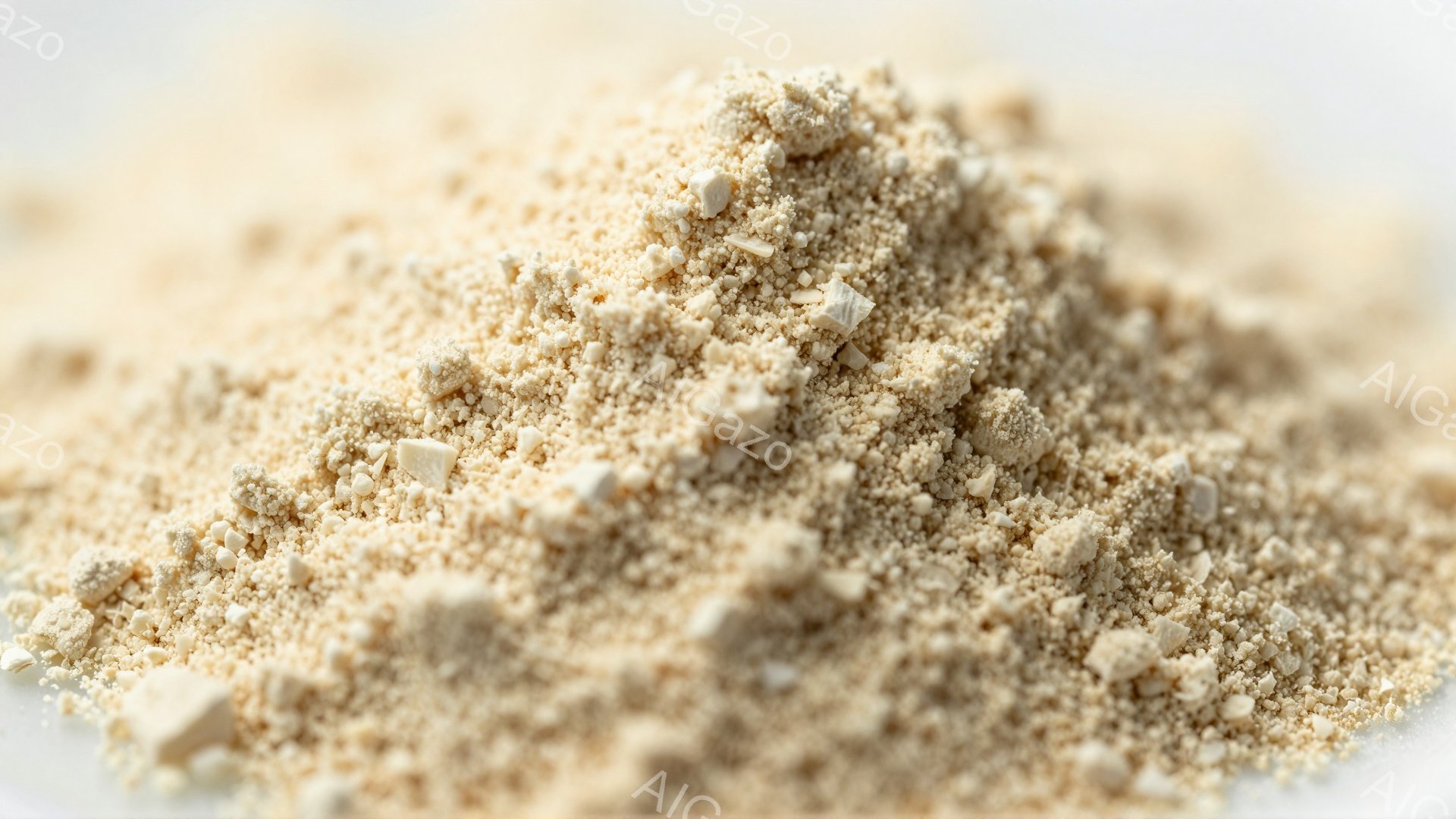 画像は、ざらざらとした質感の、細かく砕かれたベージュ色の物質のクローズアップです。 物質は不均一な粒度で、細かい粉末と、わずかに大きな破片が混ざり合っています。 背景は白く、物質のテクスチャと色合いを - AI生成フリー素材