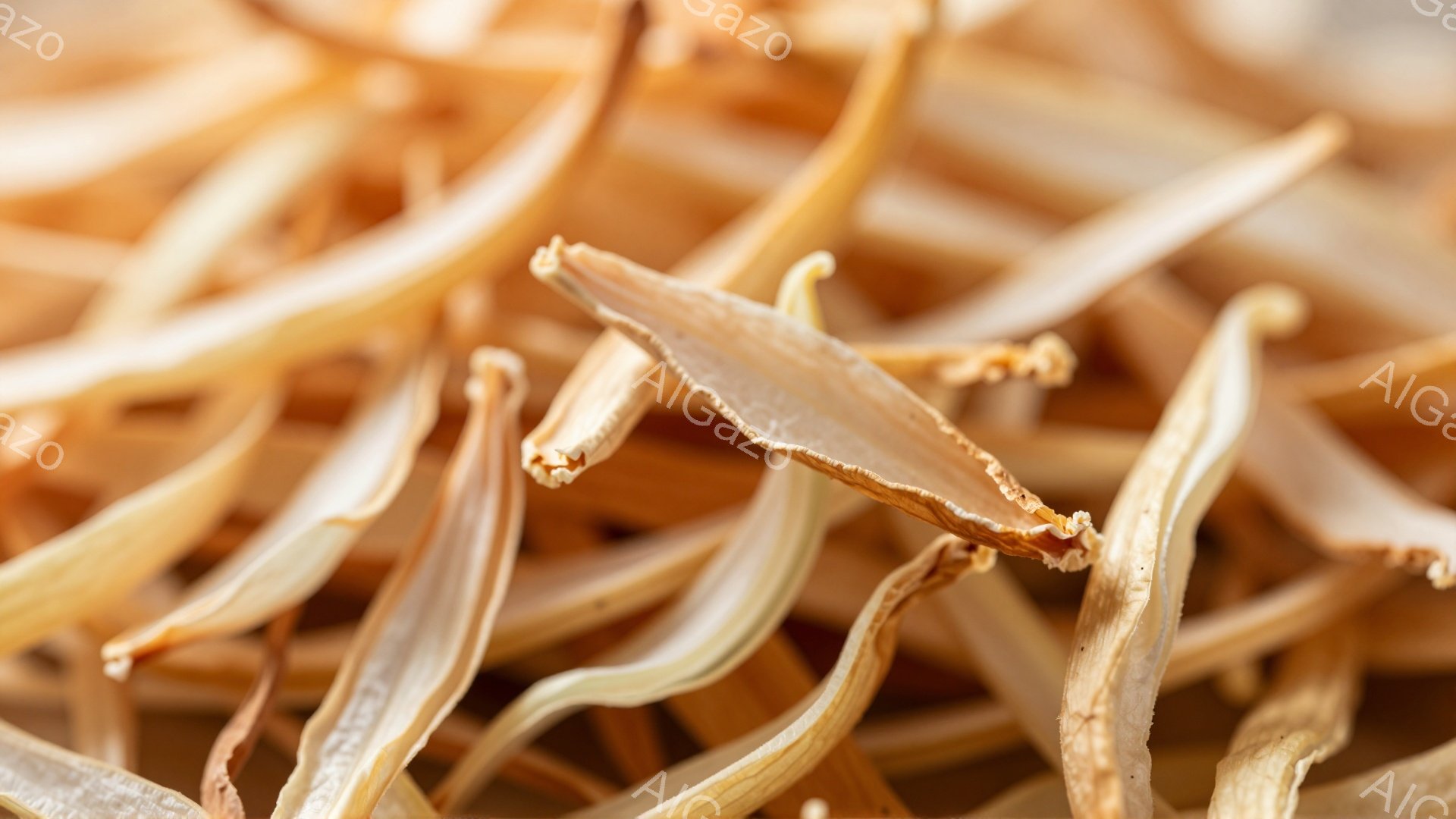 この画像は、乾燥した植物の種子または殻が密集して写っています。淡いベージュ色をしており、表面には微妙なシワや質感が確認できます。光の加減により影が生まれ、立体感と奥行きが強調されています。