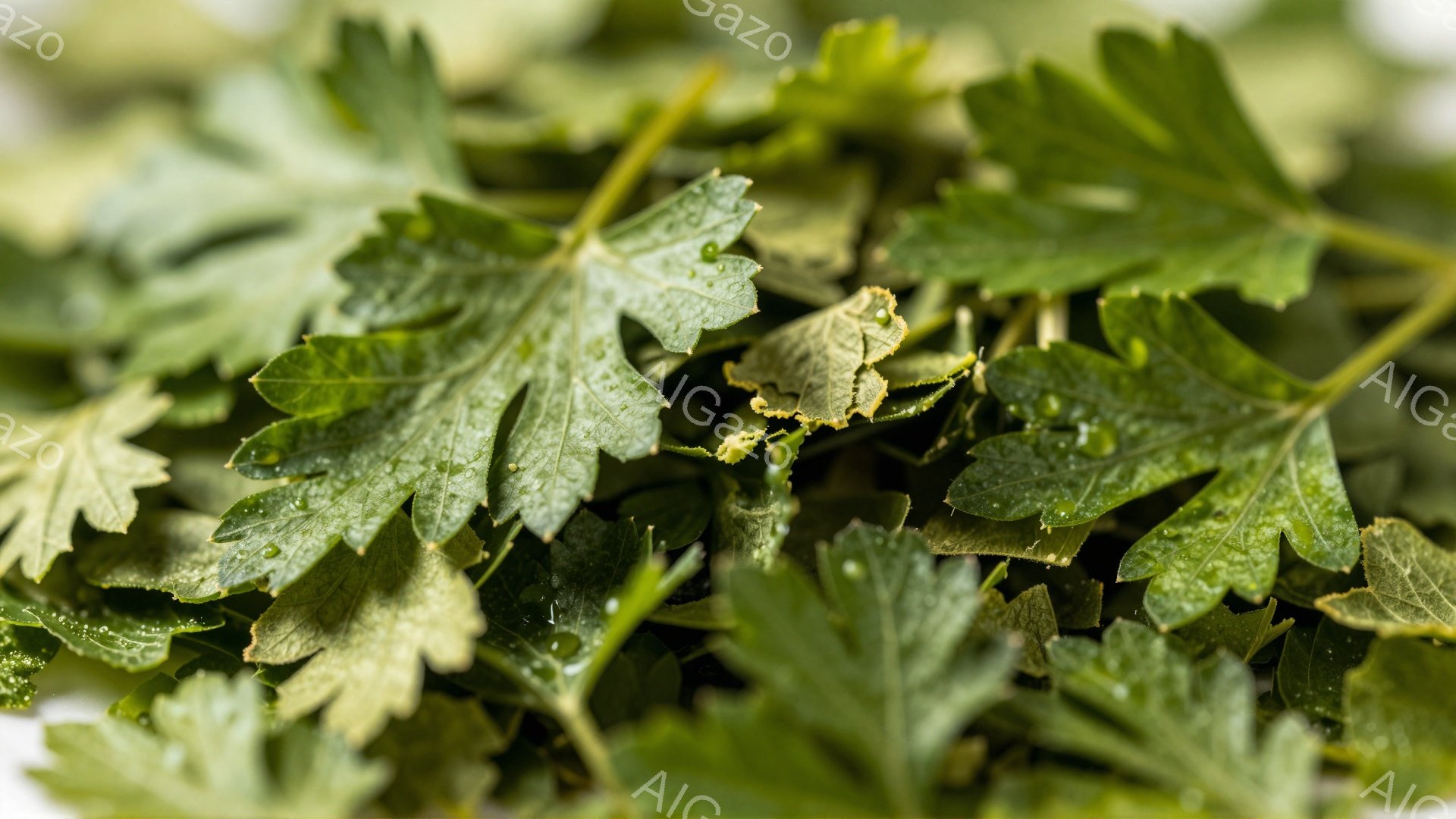 鮮やかな緑色のパセリの葉が密集して写っており、葉の上には水滴が散りばめられています。光の加減で葉の質感や水滴の透明感が際立ち、瑞々しい印象を与えます。背景は白く、パセリの鮮やかさを強調しています。 - AI生成フリー素材