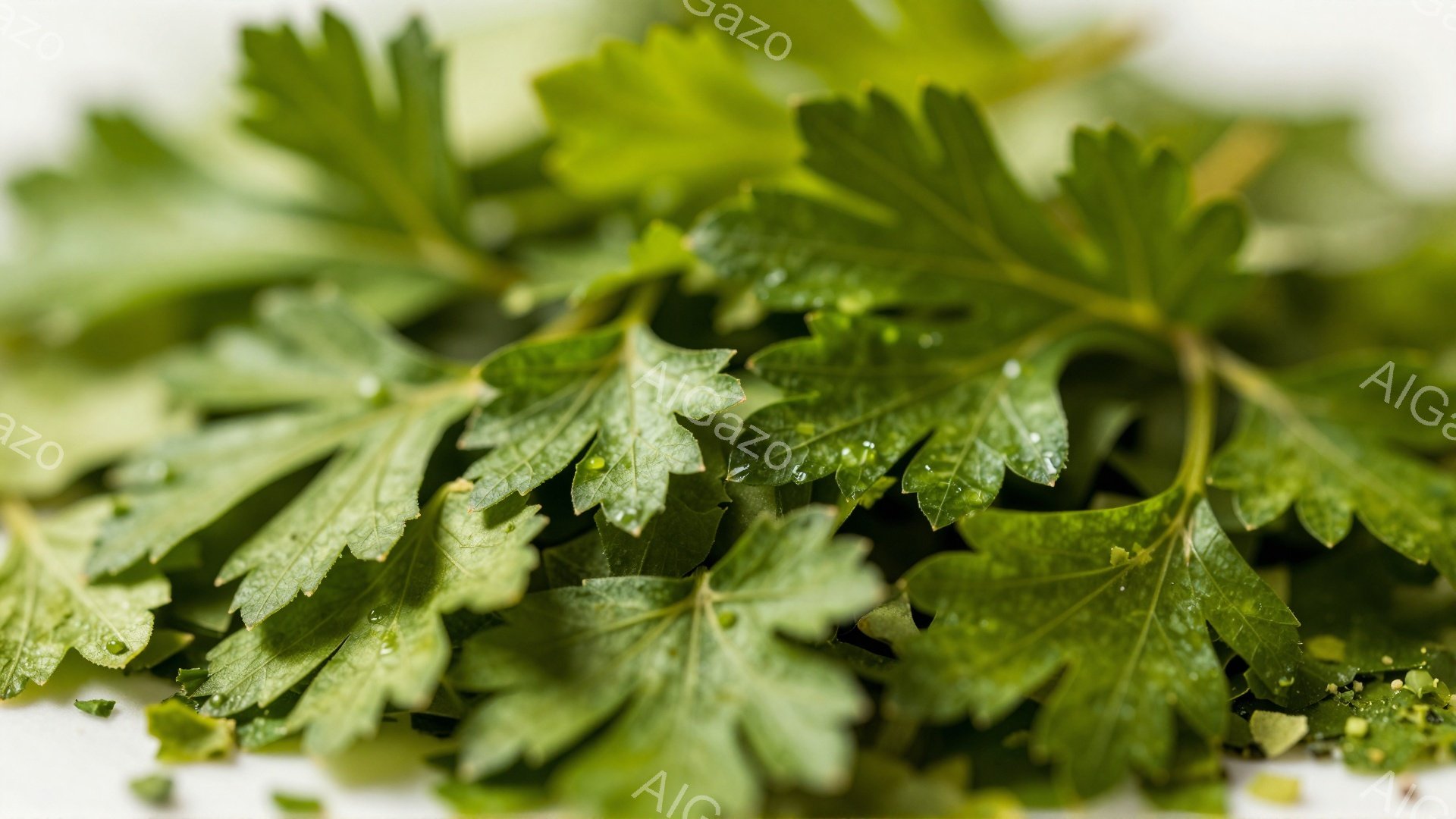 鮮やかな緑色のパセリの葉が、白い背景に密集して写っています。葉は水滴で覆われており、まるで雨上がりのようにみずみずしい印象を与えます。背景は白くぼやけており、パセリの葉の鮮やかさを際立たせています。 - AI生成フリー素材
