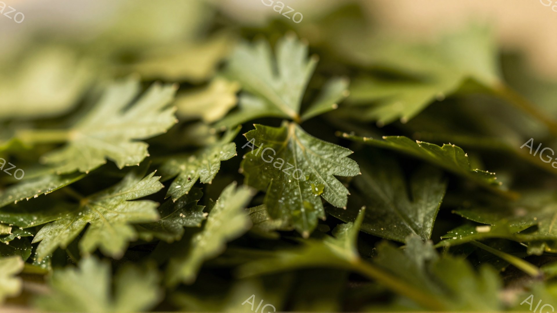 画像は、細かい葉を持つ緑色の植物のクローズアップです。葉は湿っており、水滴がついています。背景はぼやけており、植物の鮮やかな緑色が際立っています。 - AI生成フリー素材