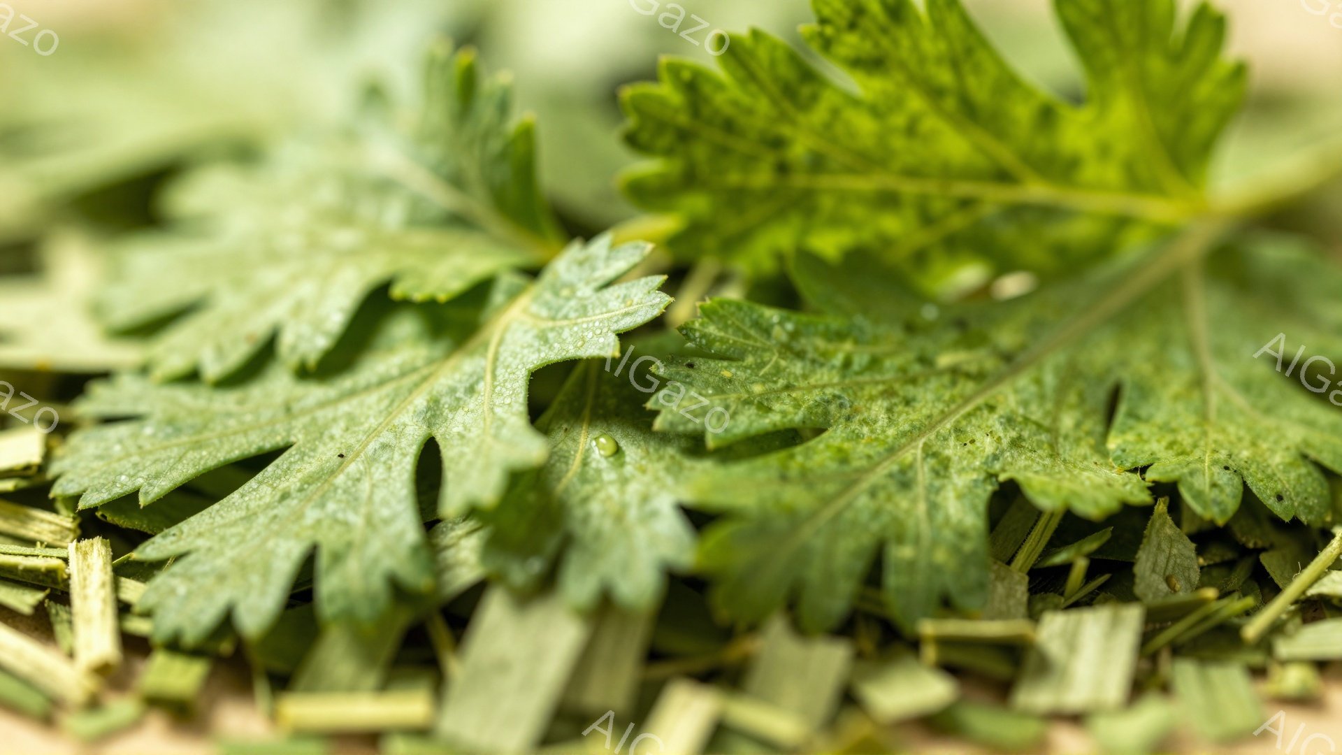 画像は、細かく刻まれたパセリの葉と茎のクローズアップです。葉は鮮やかな緑色で、表面には小さな水滴が見られ、みずみずしさを感じさせます。背景はぼやけていますが、淡い茶色またはベージュ色で、食材の鮮やかさを際立たせています。