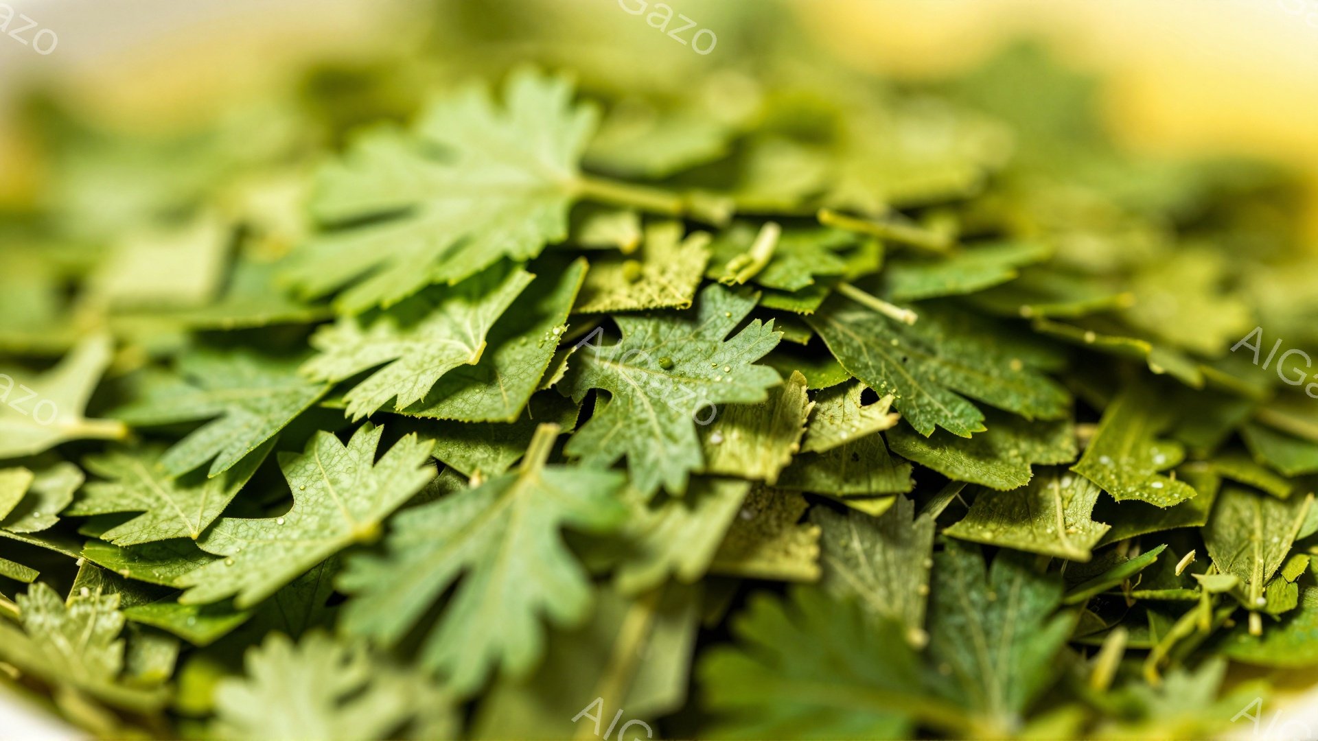 この画像は、細かく刻まれたパセリの葉のクローズアップです。葉は鮮やかな緑色で、表面に小さな水滴が付いており、新鮮さを強調しています。背景はぼやけており、焦点は完全に葉に当てられています。 - AI生成フリー素材
