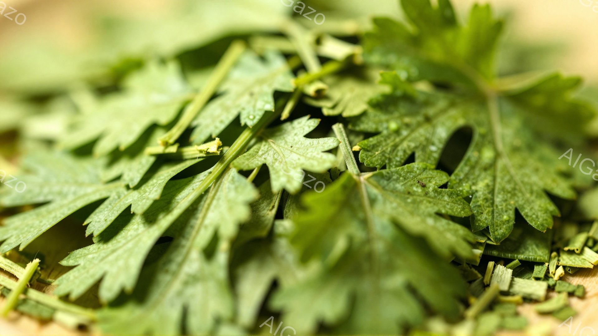 鮮やかな緑色のパセリが、木製の表面に散らばって写っているクローズアップ写真です。葉は細かく刻まれており、新鮮で活気のある印象を与えます。背景はぼやけており、パセリのテクスチャと色が際立っています。