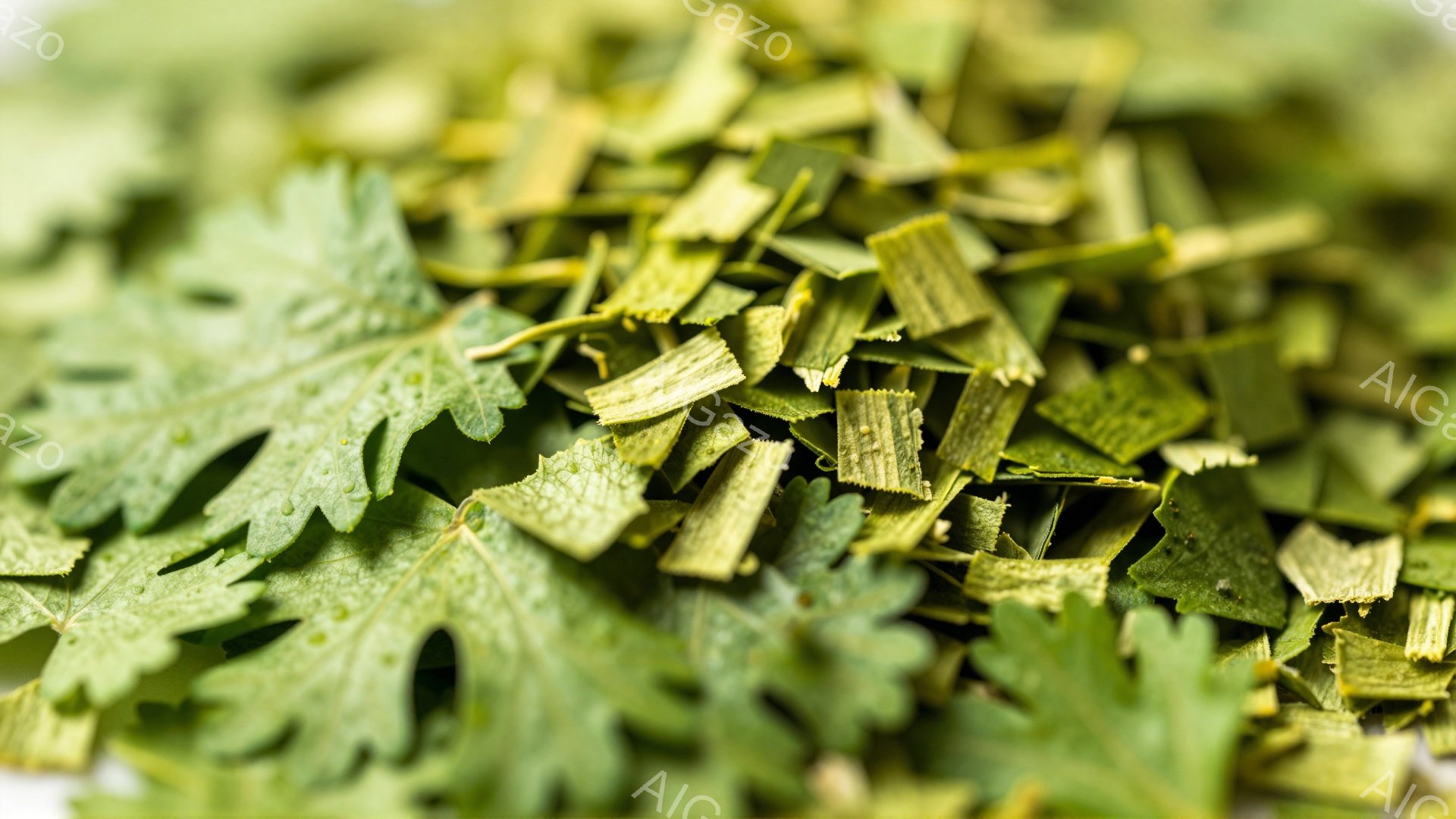 細かく刻まれたパセリが、画面いっぱいに広がっています。鮮やかな緑色で、葉脈がはっきりと見え、香りが漂ってくるようです。背景はぼかされており、パセリのテクスチャが際立っています。