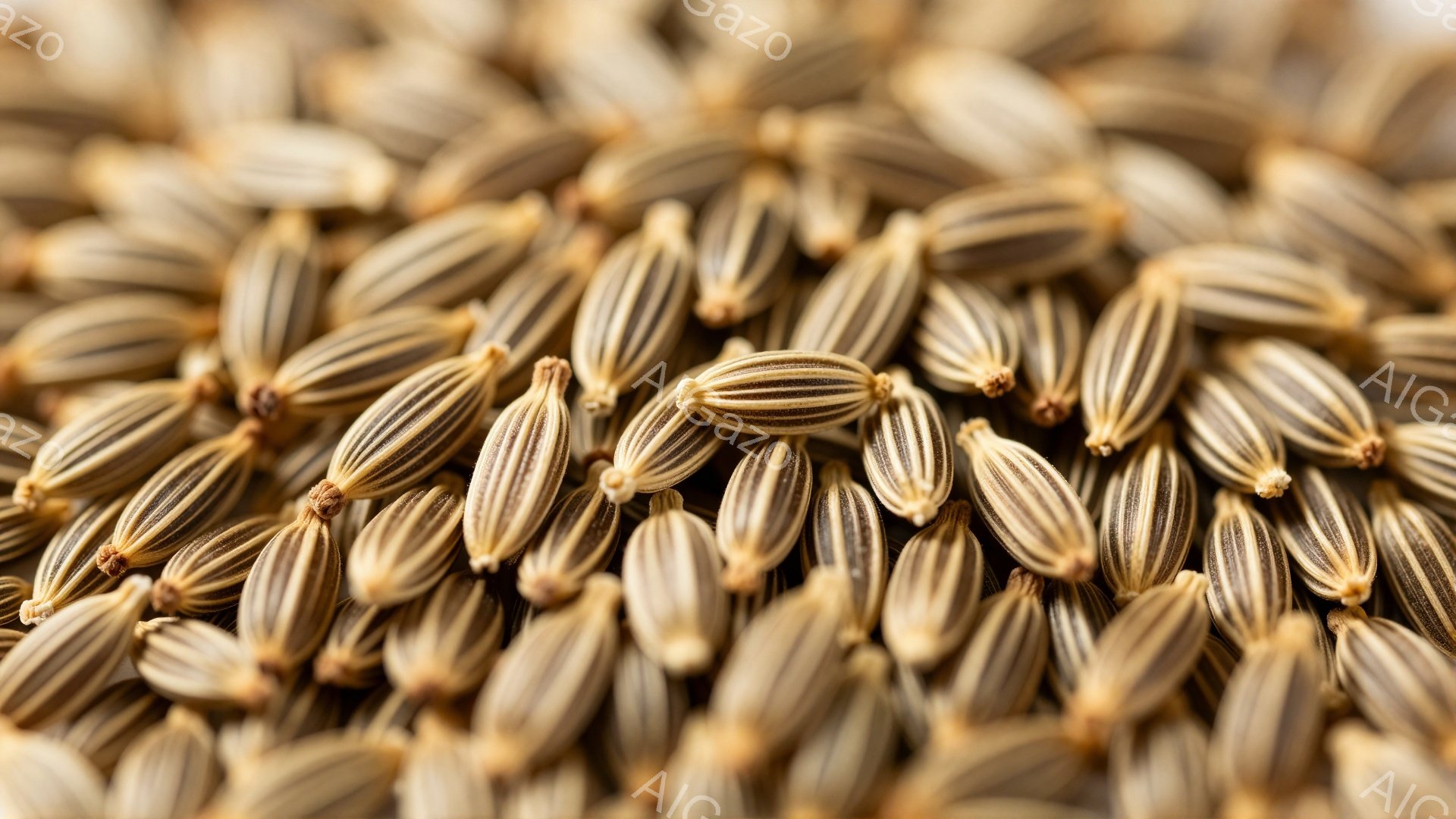 画像はコリアンダーの種子が密集して写っており、茶色と黄色の縞模様が特徴的です。種子は細長く、わずかに湾曲しており、表面に独特の溝が見られます。全体的に暖かく、自然な雰囲気で、スパイスや料理の材料としての印象を与えます。