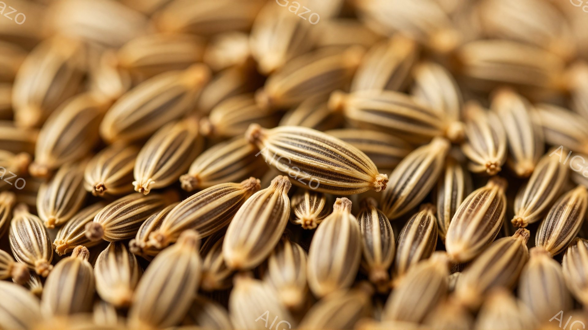 画像は、たくさんのフェンネルの種が密集しているクローズアップ写真です。種は細長く、茶色とクリーム色の縞模様があり、先端に小さな白い花弁のようなものが付いています。全体的に暖かく、自然な雰囲気で、スパイ - AI生成フリー素材