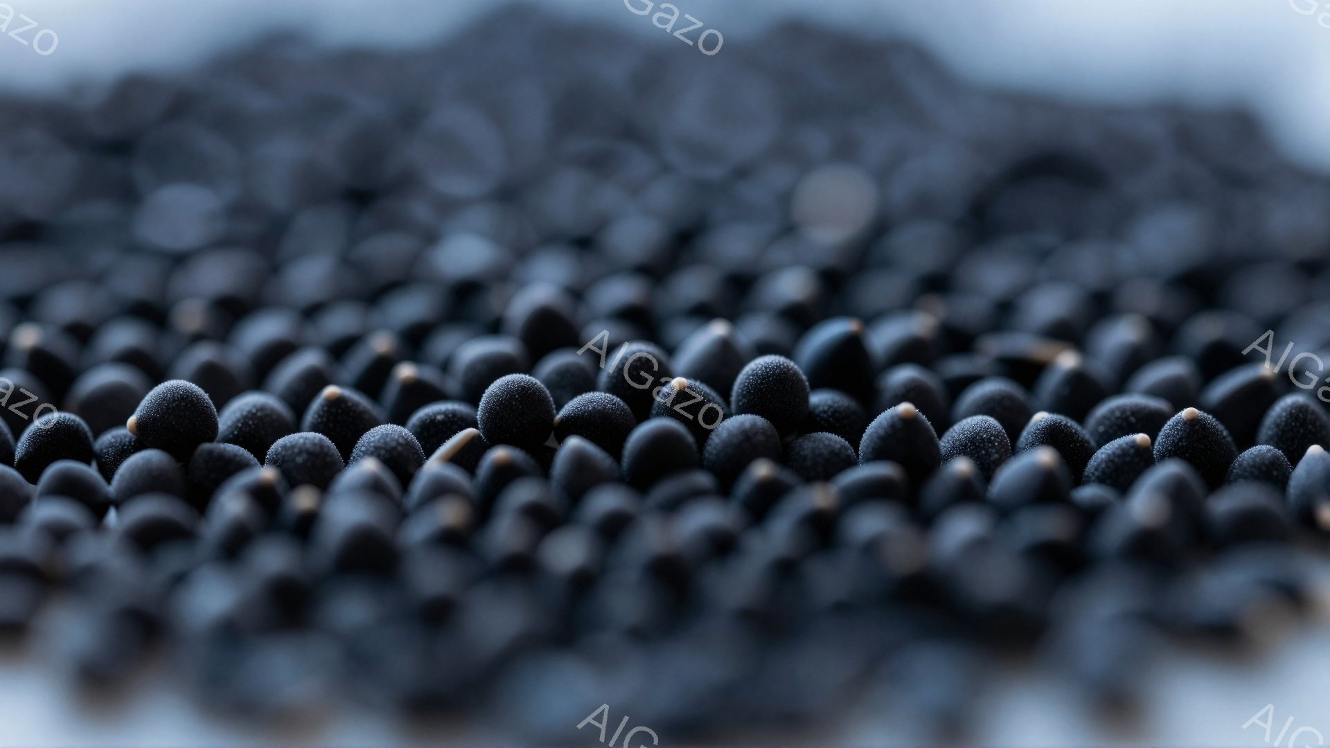 非常に多くの黒い小さな球体が密集して写っている。それらはまるで小さなイボのような質感で、均一な形状と影を持つ。背景はぼやけており、焦点は完全に球体群に当てられている。 - AI生成フリー素材