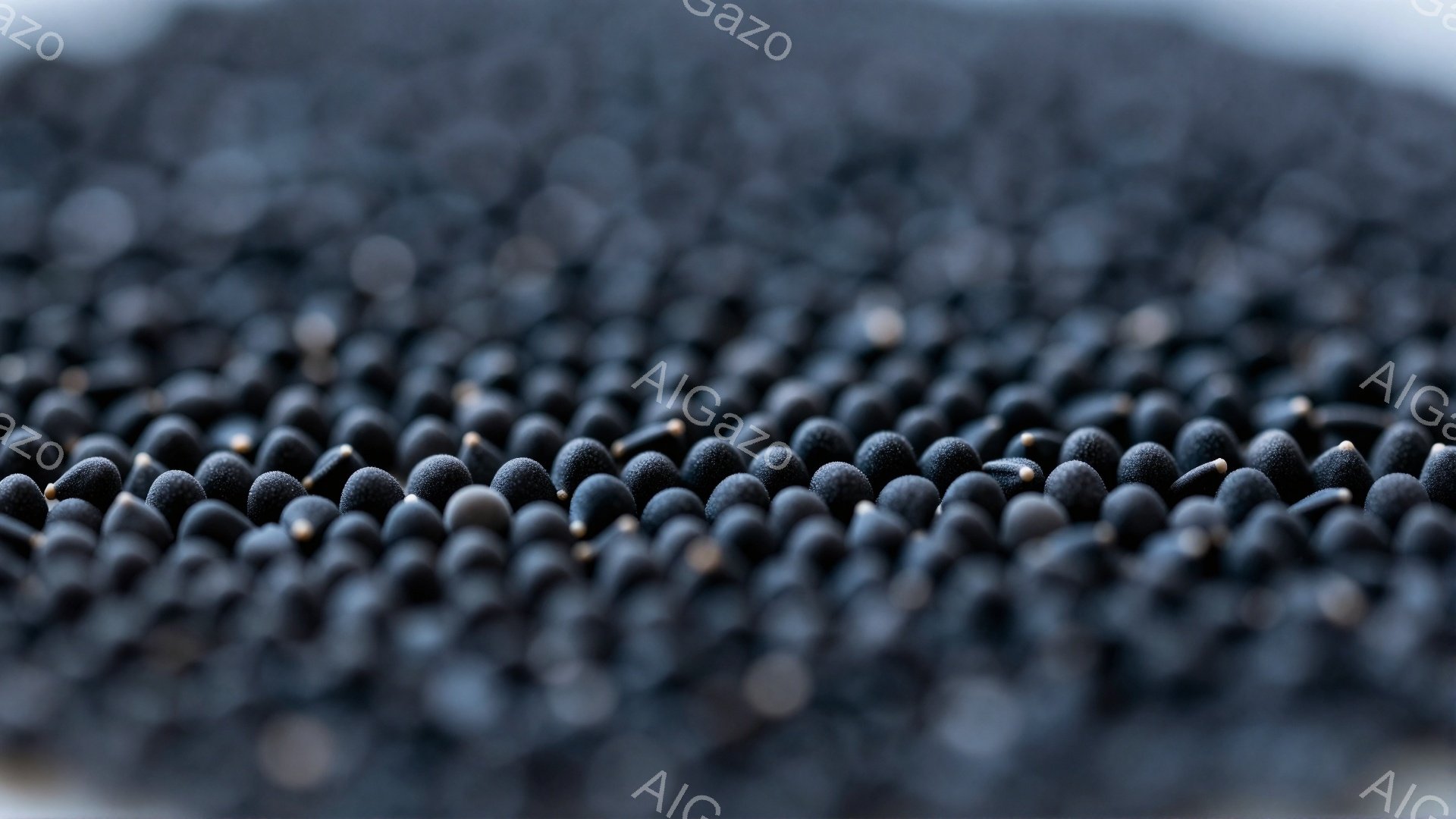 この画像は、小さな黒い球体が密集して並んだクローズアップ写真です。球体は均質で、表面にわずかな光沢があり、まるで小さなビーズや種子のようです。背景はぼやけており、球体の密集したテクスチャが強調されています。