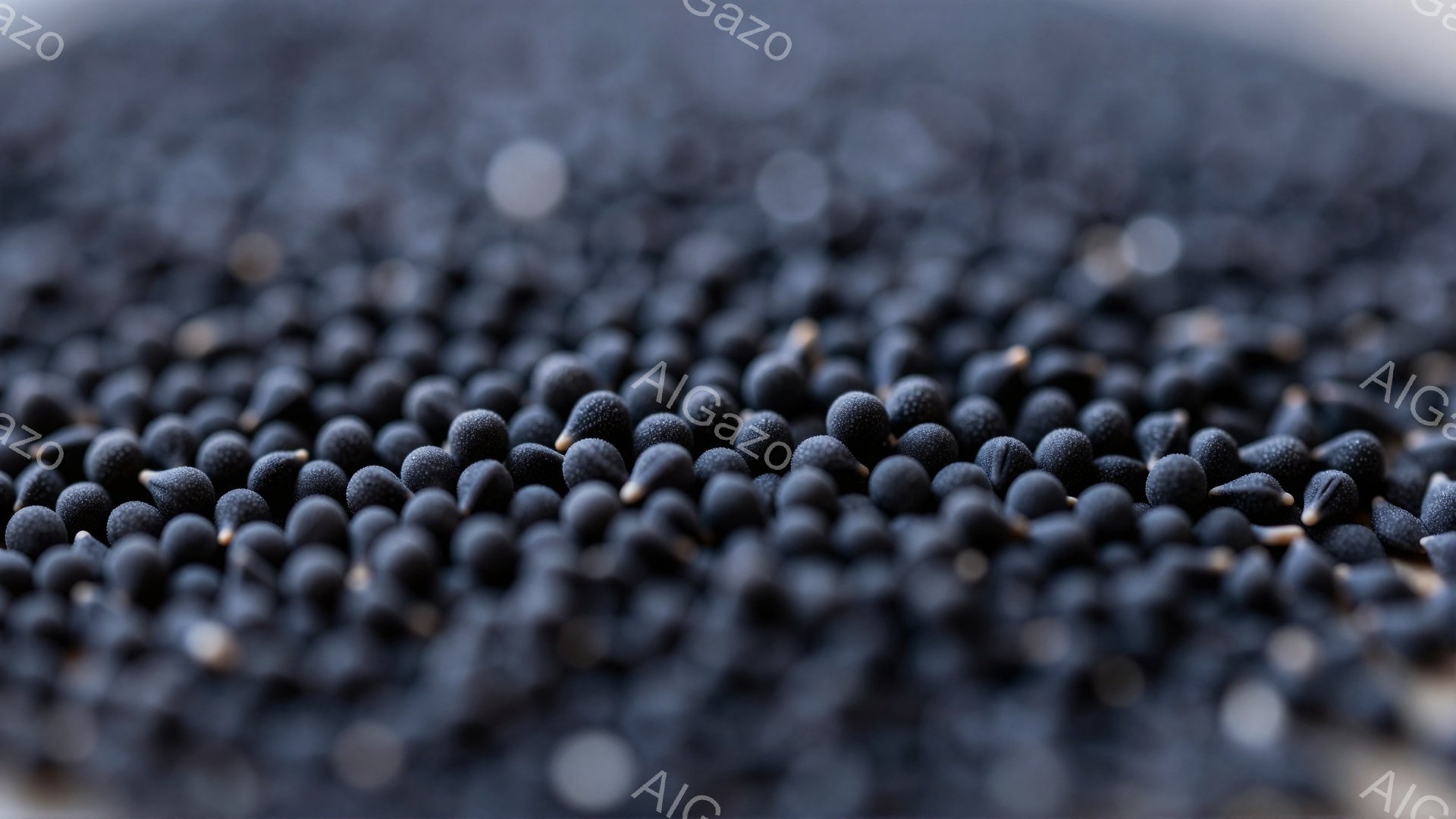 画像は、小さな黒い種子が密集して写っており、質感と量感が強調されている。種子は丸みを帯びており、表面には微細な凹凸が見られるため、自然な風合いが感じられる。背景はぼやけており、種子そのものに焦点が当たっているため、近接撮影による臨場感が伝わる。