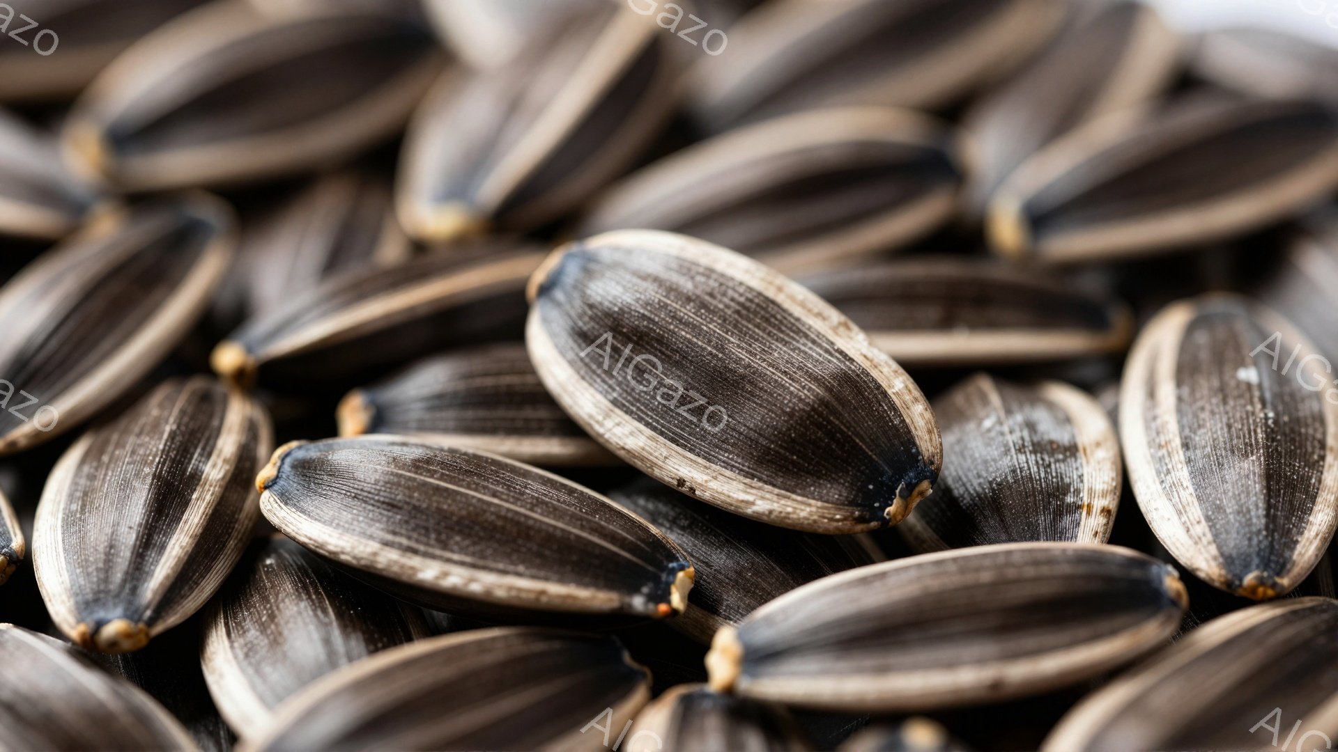 画像はひまわりの種が密集して写っているクローズアップ写真です。種は楕円形で、黒と白の縞模様が特徴的で、一部にわずかな傷や欠けが見られます。背景はぼやけており、種そのものに焦点が当てられています。