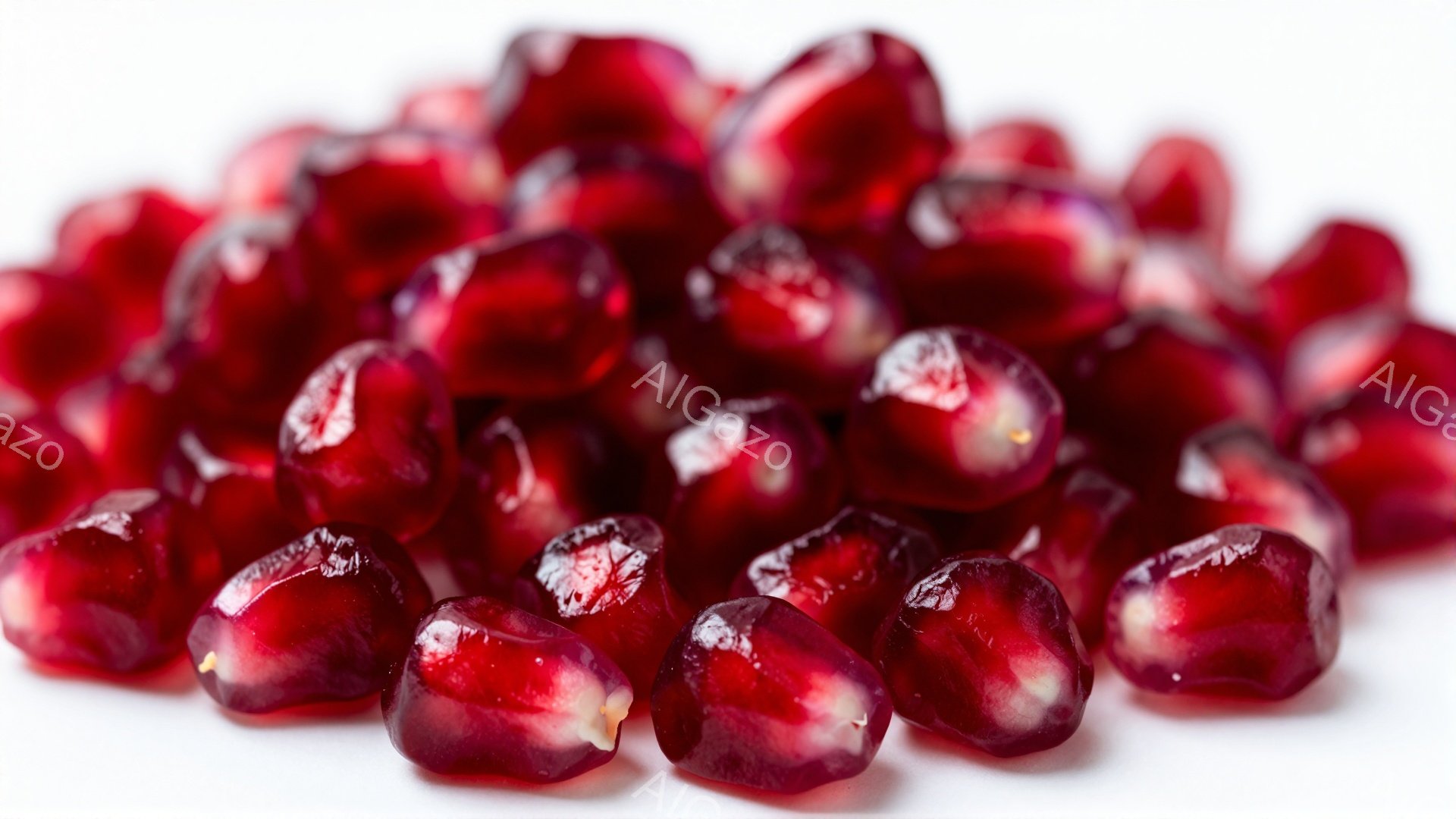 深紅色のザクロの実が、白い背景の上に密集して写っています。一つ一つが丸みを帯びており、表面は光沢があり、わずかに光を反射しています。全体的に、鮮やかで自然な雰囲気が漂い、豊穣さを感じさせます。