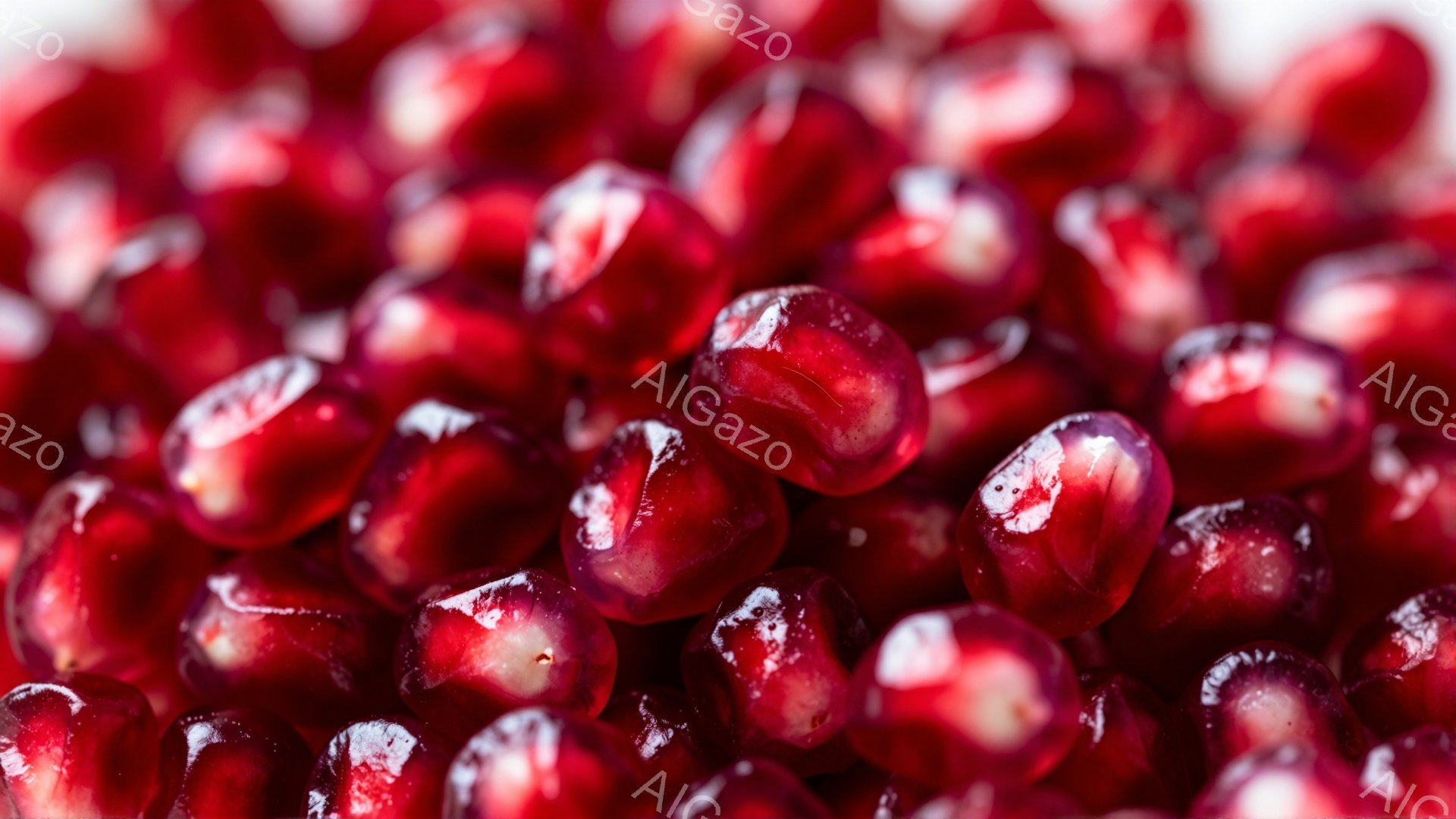 画像はザクロの実の種が密集して写っています。深紅色の種は光沢があり、それぞれに光が反射して宝石のように輝いています。背景はぼやけており、種の色と質感に焦点が当たっています。