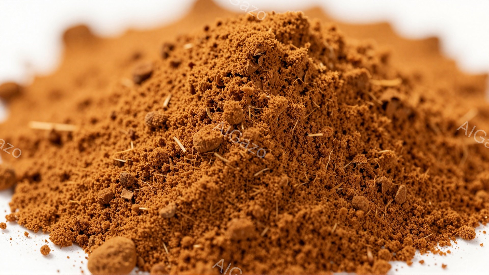 濃い茶色の粉末状の物質が白地に山積みに広がっている。粗い粒と細かい粉が混ざり合い、まるで土や砂のような質感に見える。全体的に乾燥した、自然な雰囲気を醸し出している。