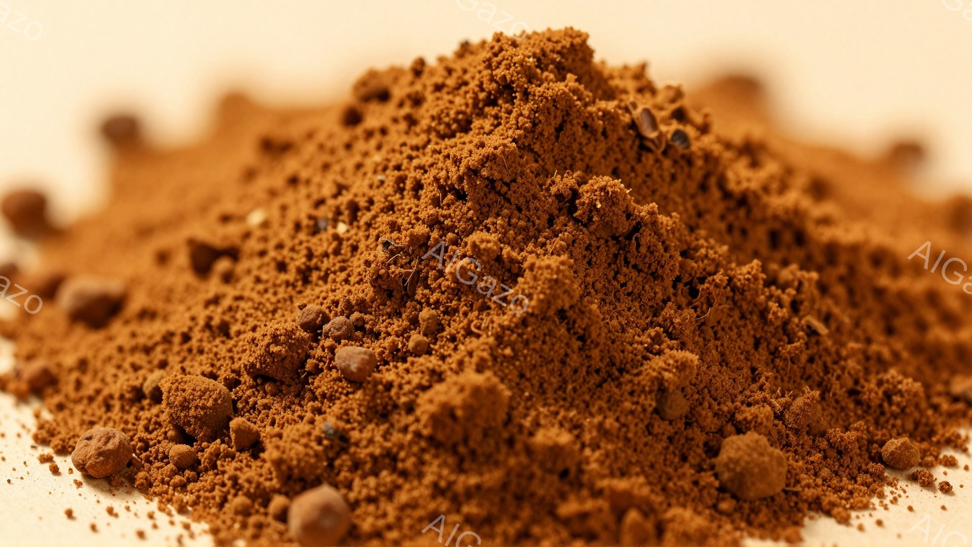 茶色い粉末状の物質が、明るいベージュ色の背景の上に山のように積み重なっている。粉末は微細な粒子と、より大きな粒状の塊が混ざり合っており、質感のコントラストが際立っている。全体的に暖色系の色彩で、落ち着 - AI生成フリー素材