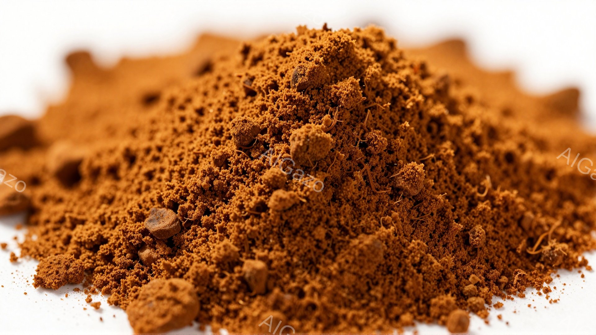 濃い茶色の粉末が白い背景に山積みにされています。粗い質感で、小さな粒状の物質が散りばめられています。全体的に暖かく、土っぽい雰囲気で、コーヒー粉やスパイスのような印象を与えます。 - AI生成フリー素材