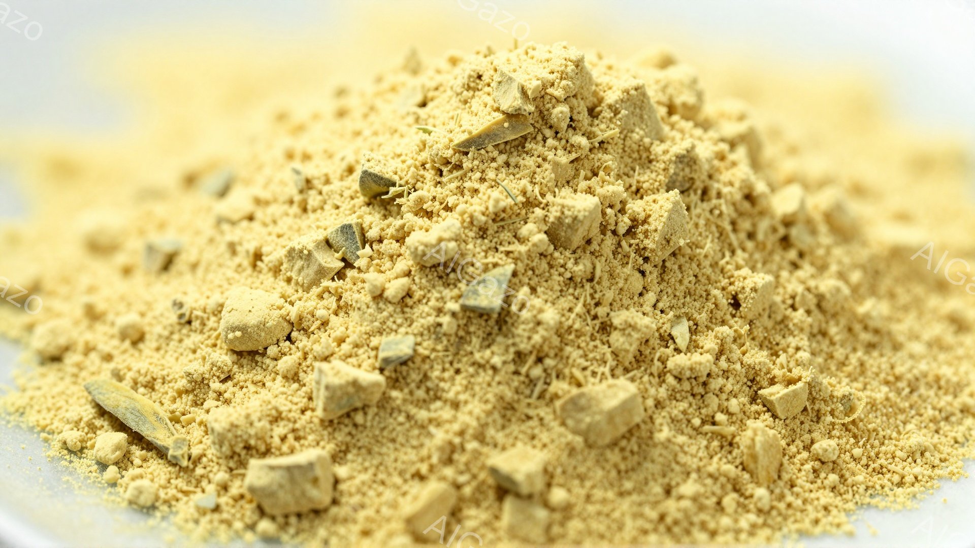 浅い皿の中に、細かく砕かれた黄褐色の物質が山のように積まれています。中には、緑がかった四角い小さな塊が散りばめられており、全体的に土のような、あるいはスパイスのような質感に見えます。背景は淡い色で、物質のテクスチャと色合いが際立っています。