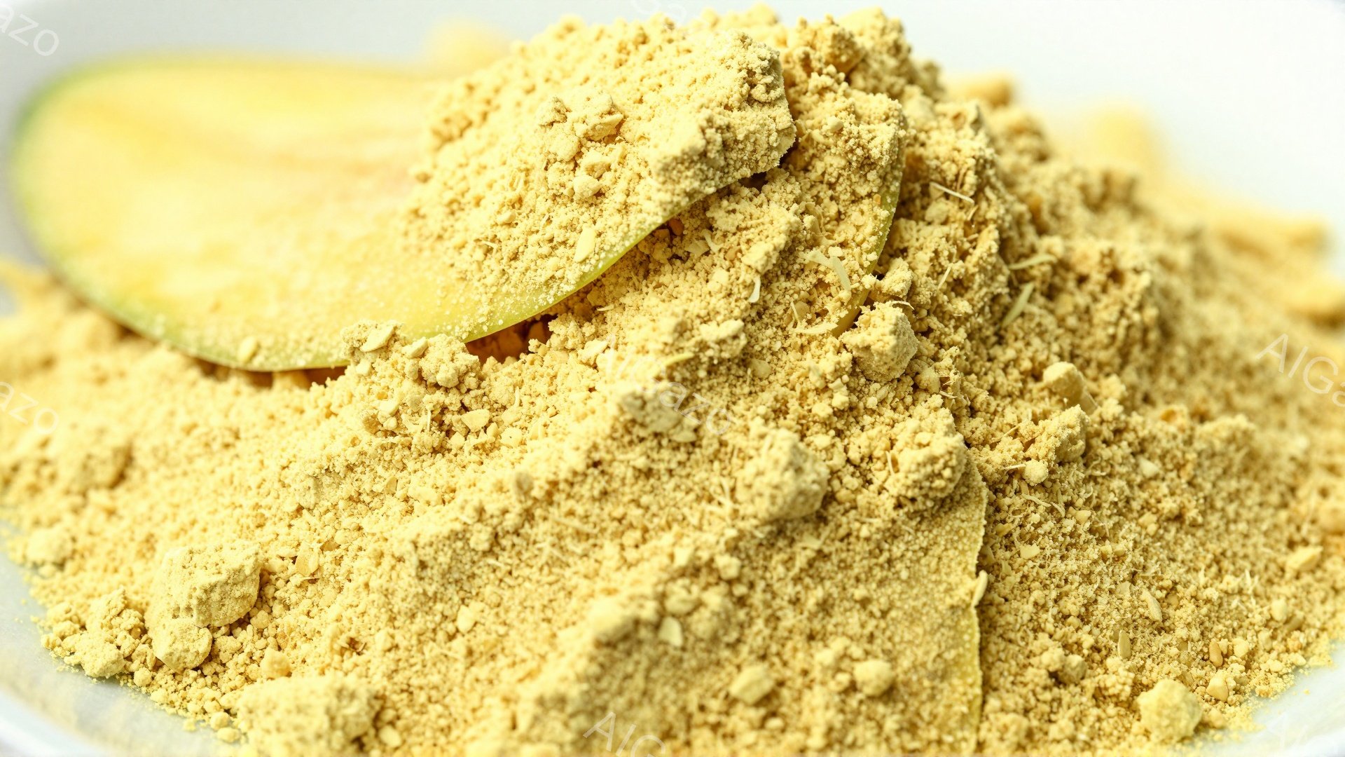 画像は、茶色がかった黄色の粉状の物質のクローズアップで、おそらくスパイスやハーブの粉末です。その粉末の上に、緑色の果物の薄切りが数枚重ねられています。背景はぼやけており、粉末と果物のテクスチャが強調さ - AI生成フリー素材