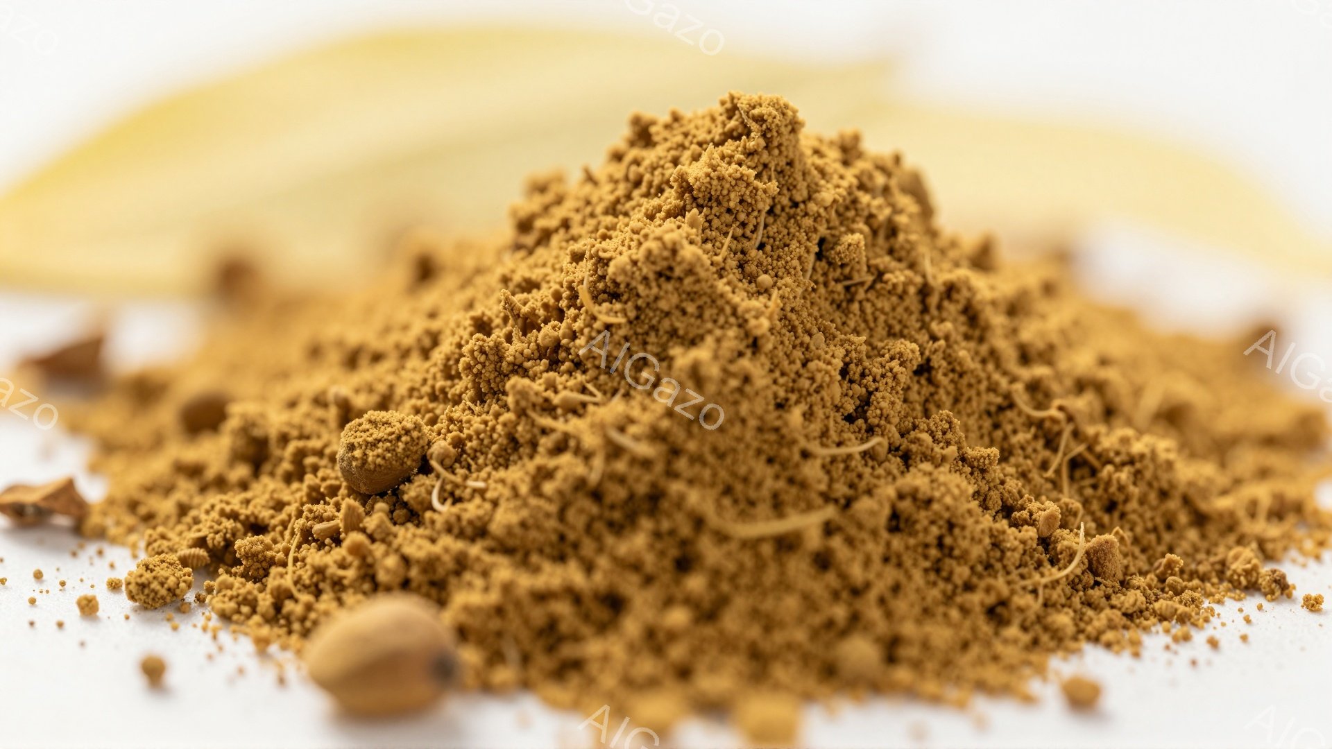 画像は、白地に茶色の粉末状の物質が山積みに写っている。粉末は細かい粒状で、いくつかの小さな塊も含まれており、背景にはぼやけた黄色の表面が見える。全体的に、質感と色合いが強調されたクローズアップショット - AI生成フリー素材