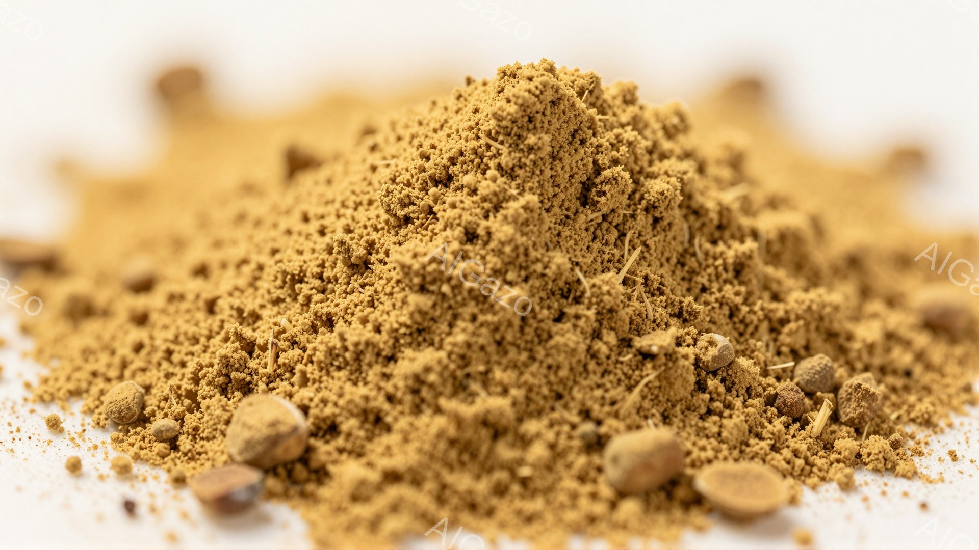 茶褐色の粒状物質が白い背景に散らばっており、細かい砂のような質感と、ところどころに小さな丸い粒子が見られます。全体的に土や砂漠のような印象で、自然の素材が近くに存在するような雰囲気が漂っています。光の当たり具合から、粒子の一粒一粒がはっきりと捉えられ、素材の持つ独特のテクスチャが強調されています。