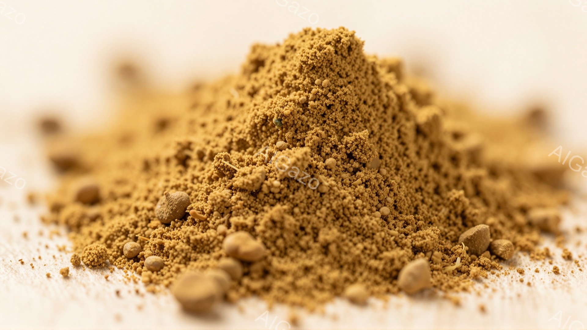 浅いベージュ色の背景に、細かい土のような粒子が積み重なった様子が写っている。粒子は様々な大きさで、全体的に茶色みがかった色合いをしており、小さな丸い粒子も混ざっている。質感は乾燥していてざらざらとしており、全体的に素朴で自然な雰囲気を醸し出している。