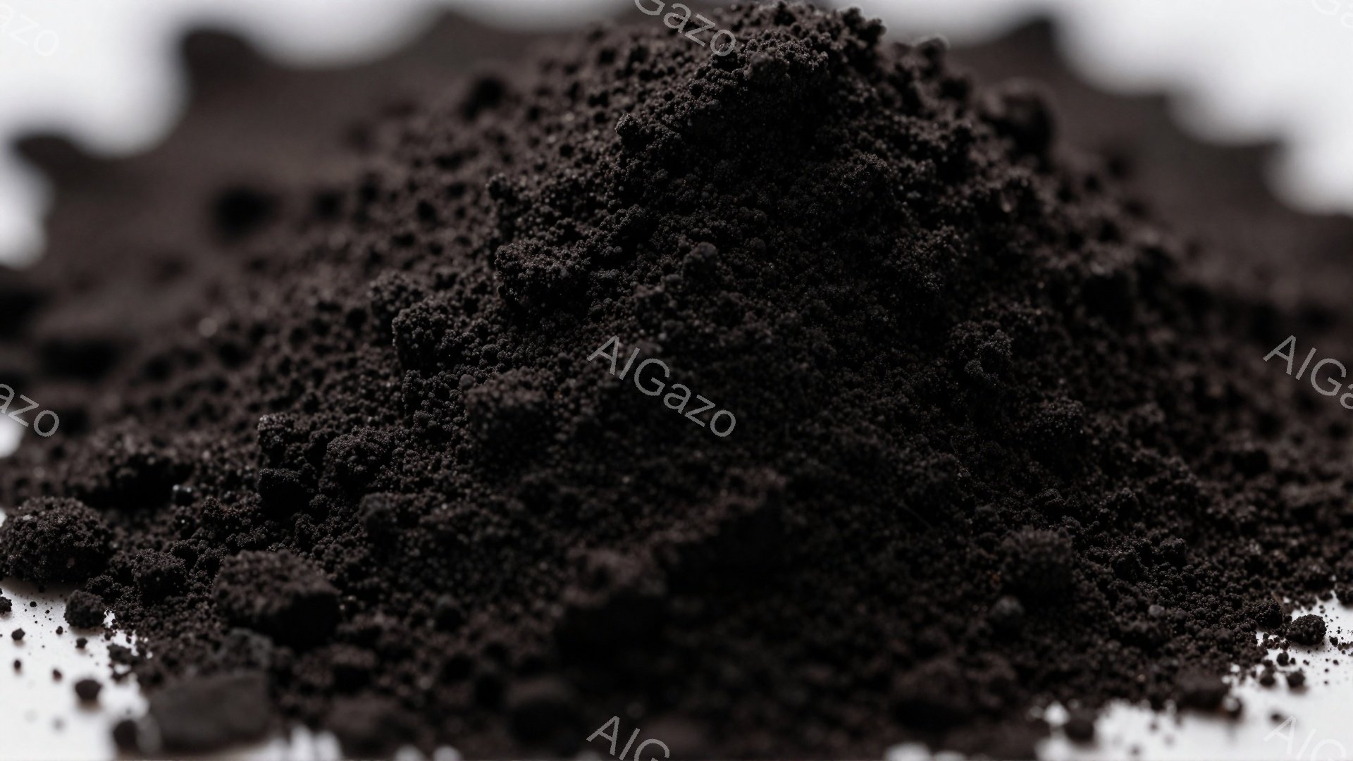 煤のような黒い粉末が画面全体を覆っており、まるで鉱物や土の塊のようにも見える。細かい粒子が密集して、粗いテクスチャを作り出しており、光沢はほとんど感じられない。背景は白く、粉末の暗さとコントラストが際立っている。