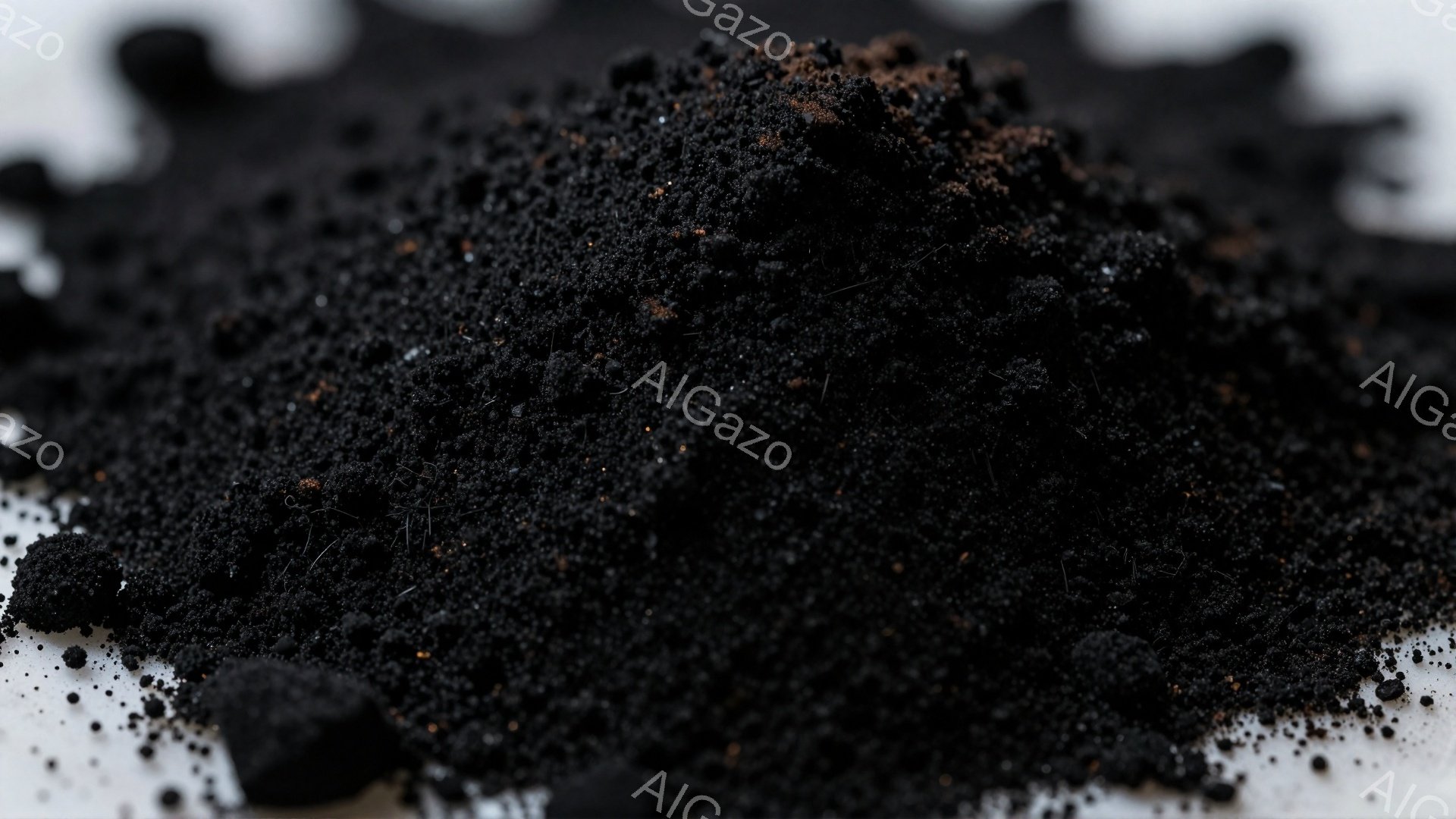 粗い黒い繊維状の物質が、白い背景の上に大きく塊になって広がっている。素材はまるで焦げた何かのような、あるいは炭化した素材のような外観をしている。細部にはわずかなオレンジ色の粒子が見られ、全体的に暗く、荒々しい質感が印象的である。