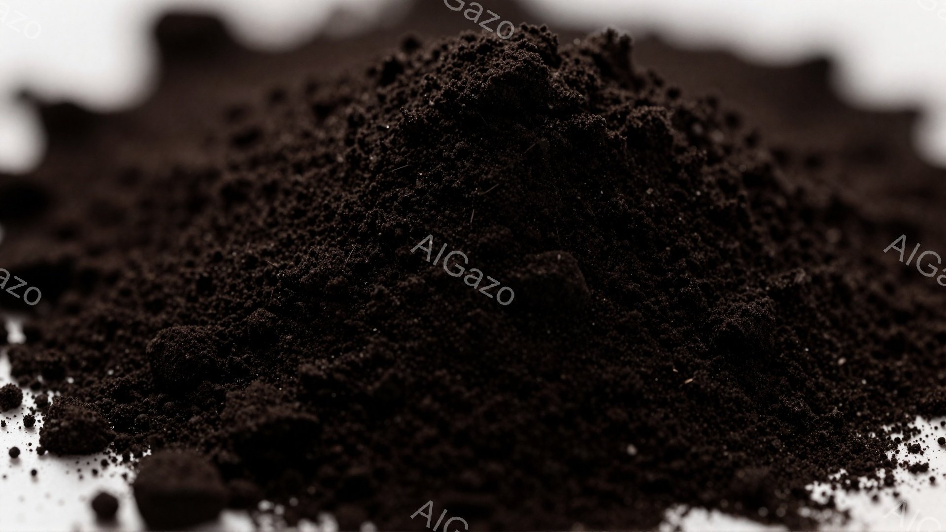 粗い質感の黒い粉末が、白い背景に山積みになっている。光沢はなく、粒々としたテクスチャが強調されているため、土や炭のような物質であるように見える。全体的に暗く、無機質な雰囲気である。 - AI生成フリー素材