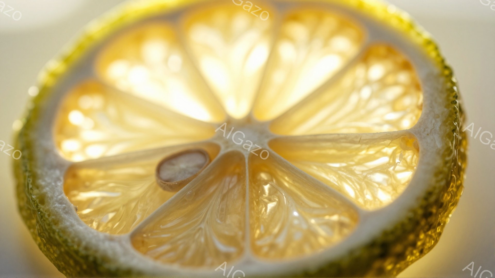 画像はレモンの断面のクローズアップです。レモンの果肉は光を透過し、放射状に広がる繊細な構造が鮮やかに見えます。外側の皮はざらざらとした質感で、果肉とのコントラストが際立っています。 - AI生成フリー素材
