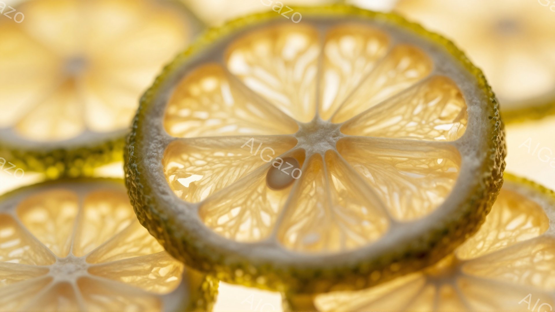 乾燥させたライムのスライスがいくつか重ねられ、焦点が最も手前のスライスに合わさっているクローズアップ写真です。ライムは半透明で、内部の構造が細かく見え、乾燥によって縮んだ質感が強調されています。全体的に暖色系の光が差し込み、落ち着いた、素朴な雰囲気を醸し出しています。