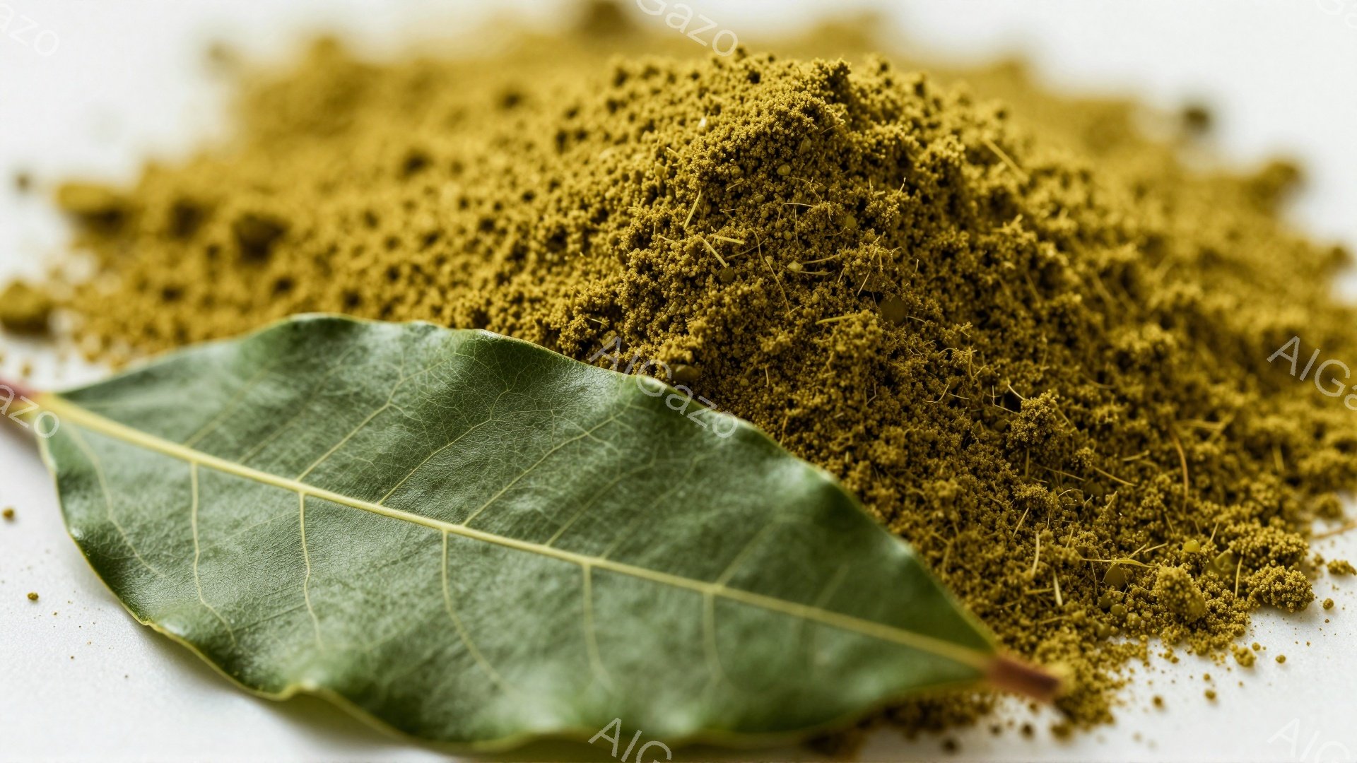 光沢のある濃い緑色のローリエの葉が、細かく砕かれた茶色のスパイスの山に寄りかかっている。葉脈がはっきりと見える葉は、乾燥したスパイスのテクスチャとのコントラストを際立たせている。背景は白く、焦点は葉と - AI生成フリー素材