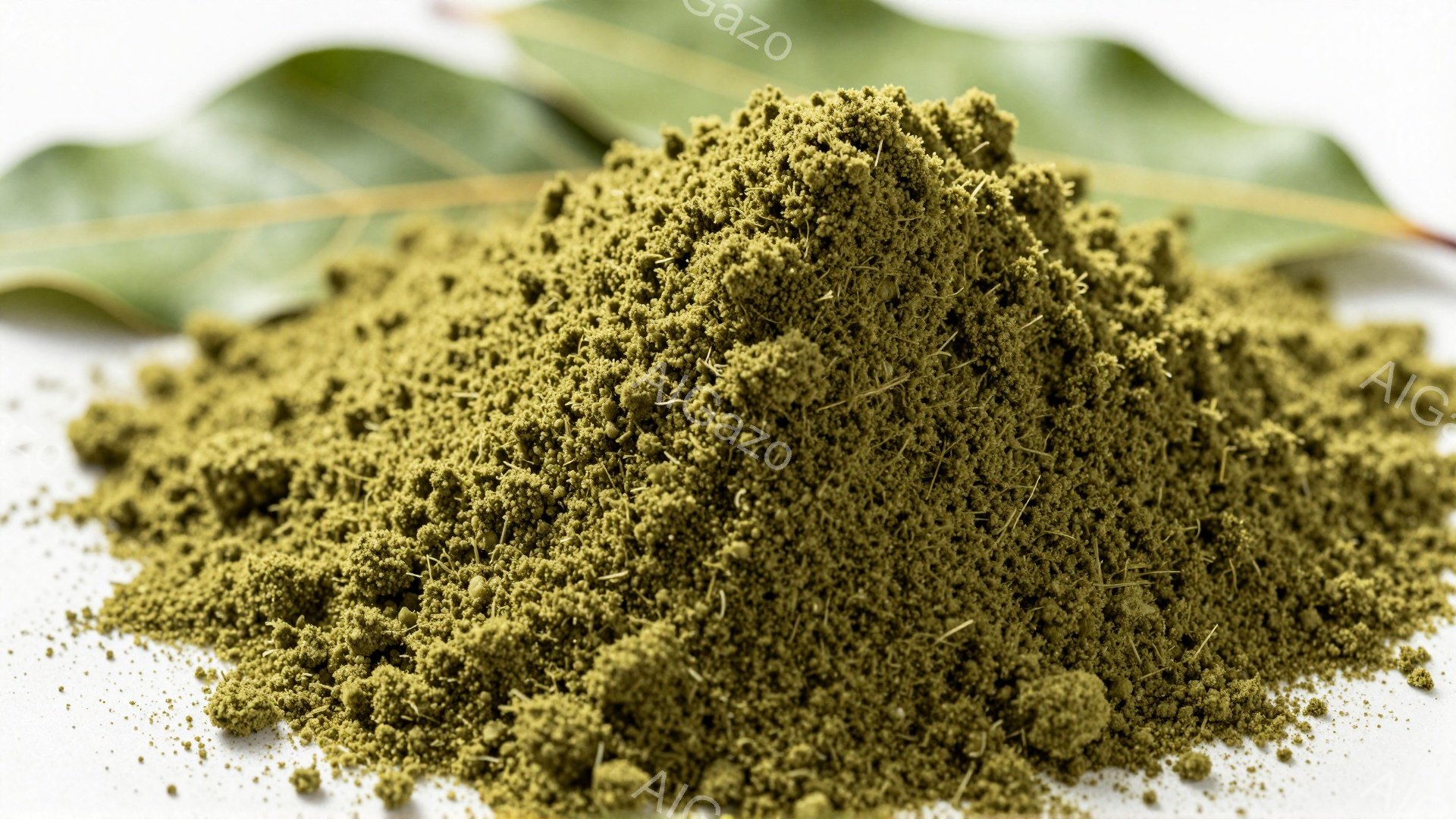 鮮やかな緑色の粉末が白い背景に山のように積み上げられています。粉末は細かく、粒状に見え、葉っぱがひとつ隣に置かれています。全体的に自然でオーガニックな印象を与える画像です。