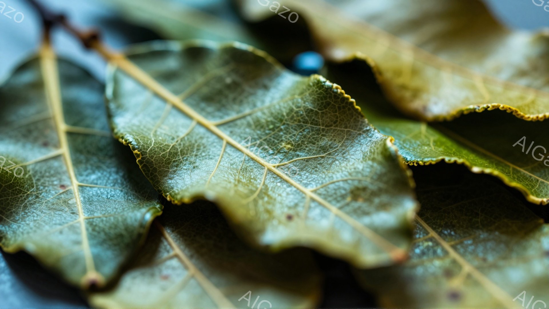 葉っぱが何枚か重なり合って写っているクローズアップ写真です。葉は緑色と茶色のグラデーションで、葉脈がはっきりと見えます。背景は暗く、葉の質感と細部が際立っています。 - AI生成フリー素材