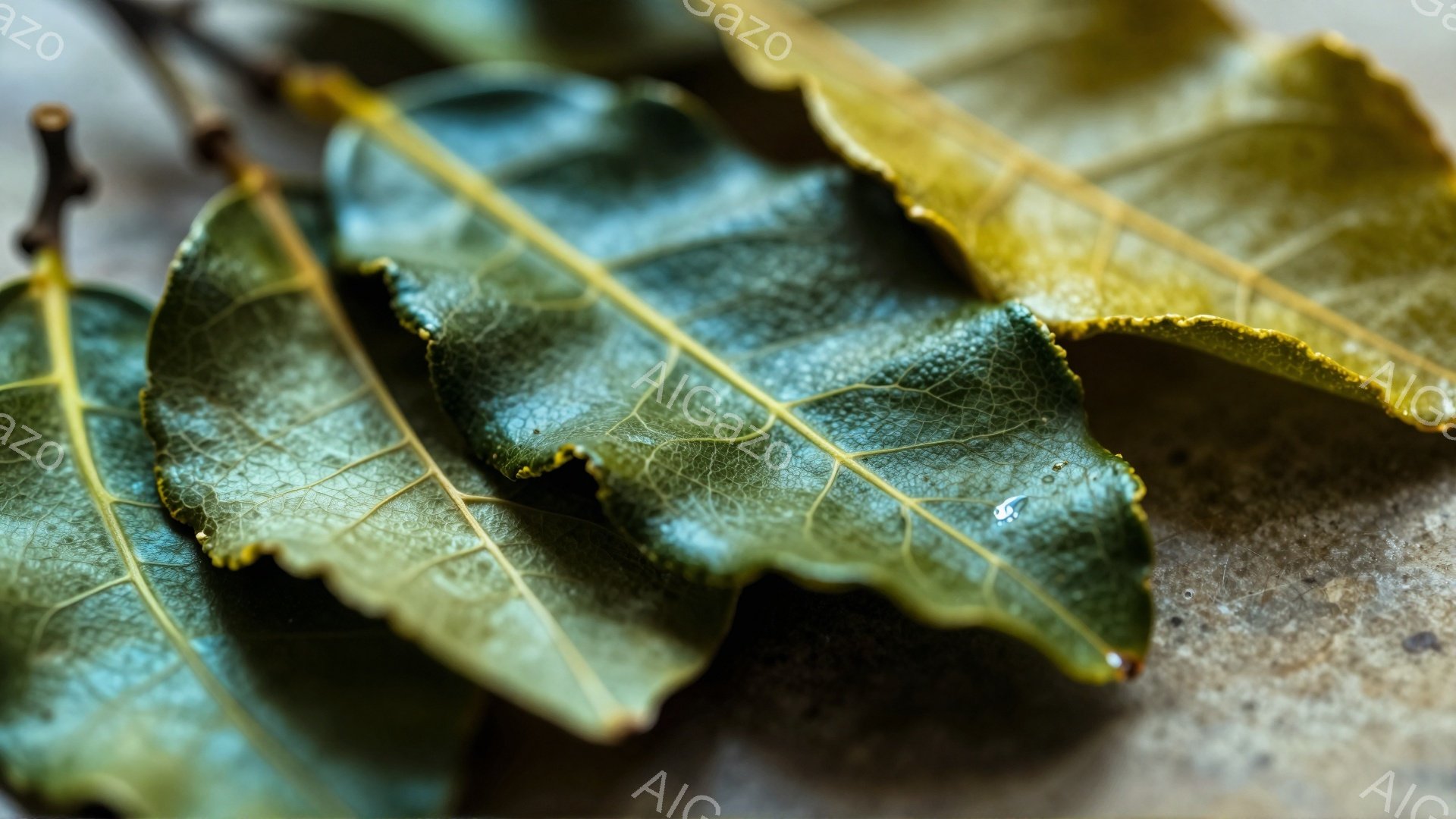 画像には、数枚のローリエの葉が、粗い質感の表面の上に配置されています。葉は濃い緑色から黄緑色へとグラデーションがかかっており、葉脈が細かくはっきりと見えます。葉の表面には小さな水滴が光り、葉の自然な色 - AI生成フリー素材