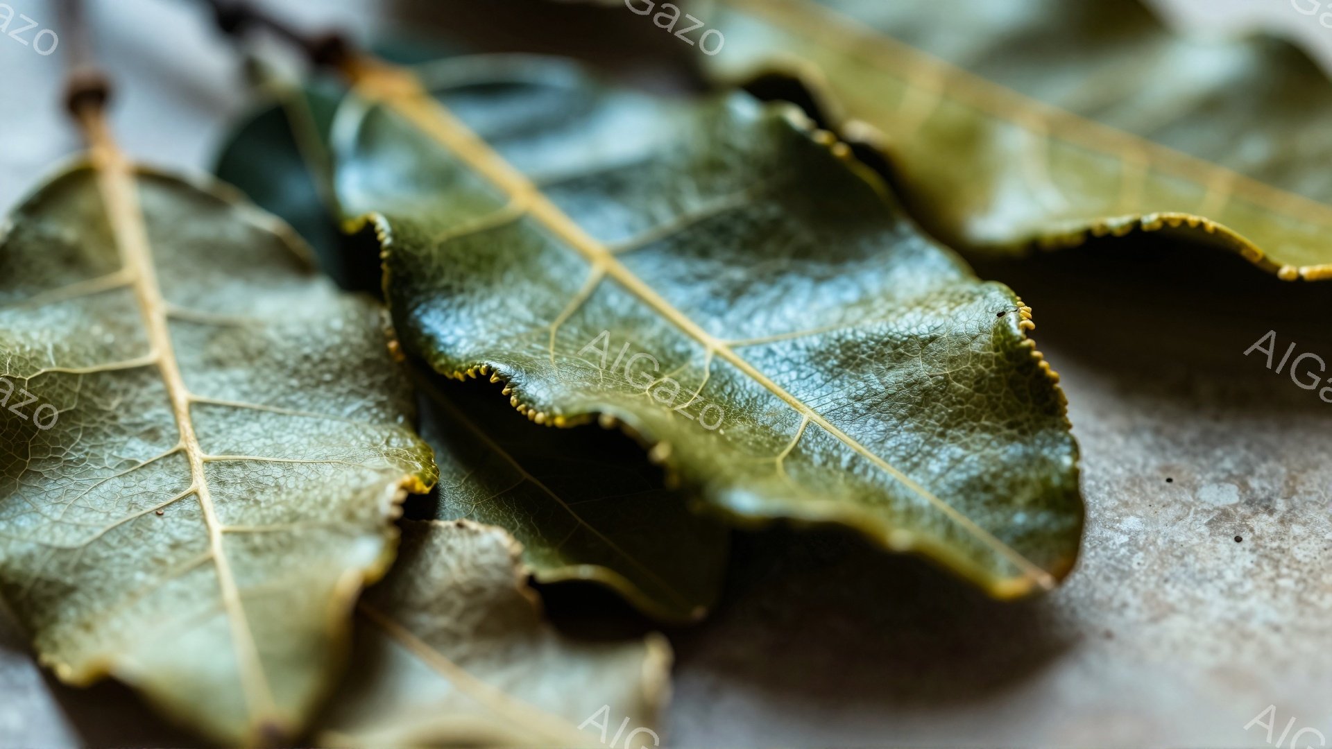 画像には、乾燥したローリエの葉がいくつか、ざらざらとした薄灰色の背景の上に置かれています。葉は緑がかった茶色で、葉脈がはっきりと見え、端は少しカールしています。全体的に、静かで落ち着いた、素朴な雰囲気 - AI生成フリー素材