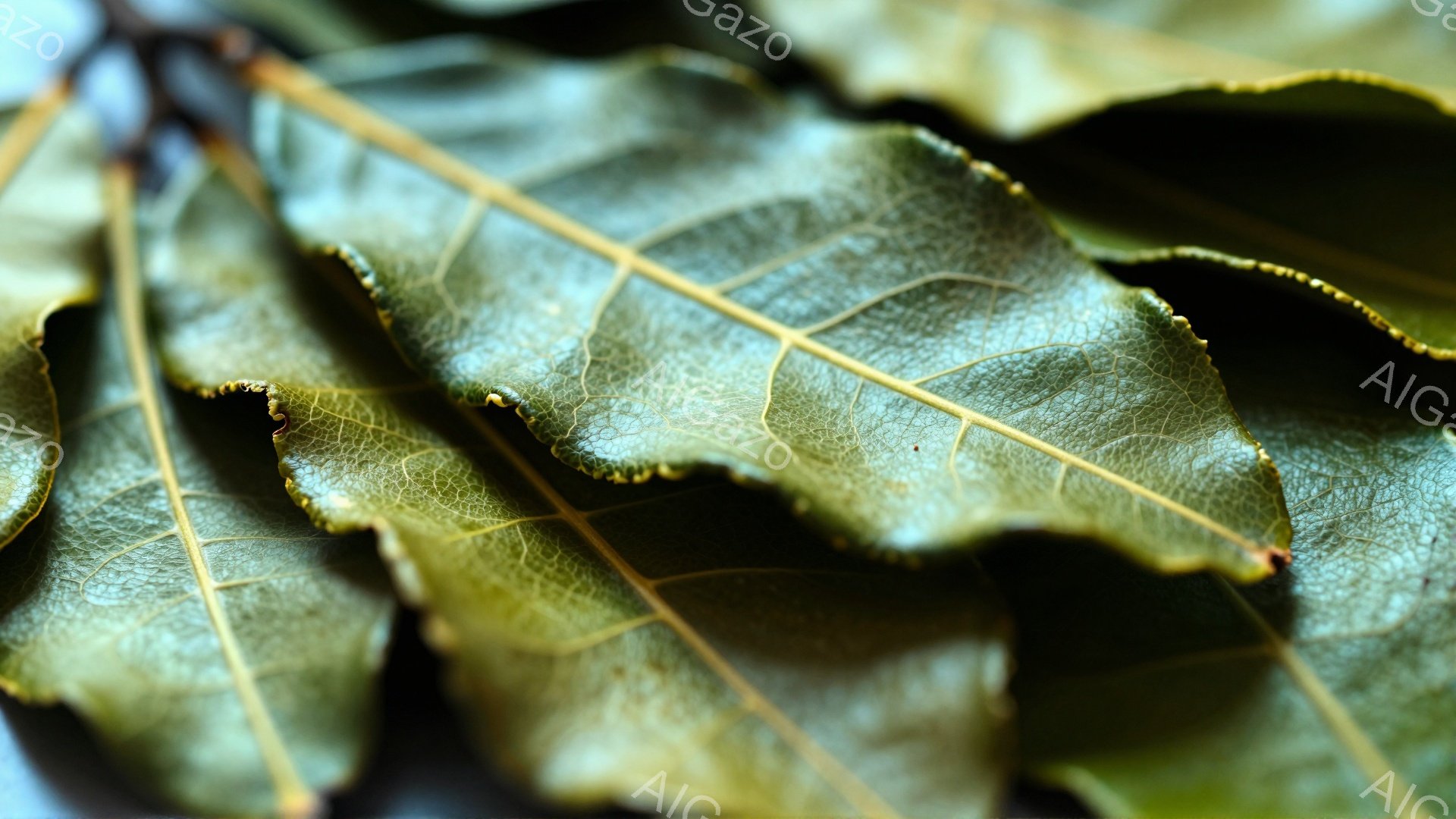 鮮やかな緑と茶色が混ざり合った月桂樹の葉が重なり合って写っている。葉脈がはっきりと見え、葉の縁はわずかにカールしている。背景はぼやけており、自然光が葉の質感を際立たせ、穏やかで落ち着いた雰囲気を醸し出 - AI生成フリー素材