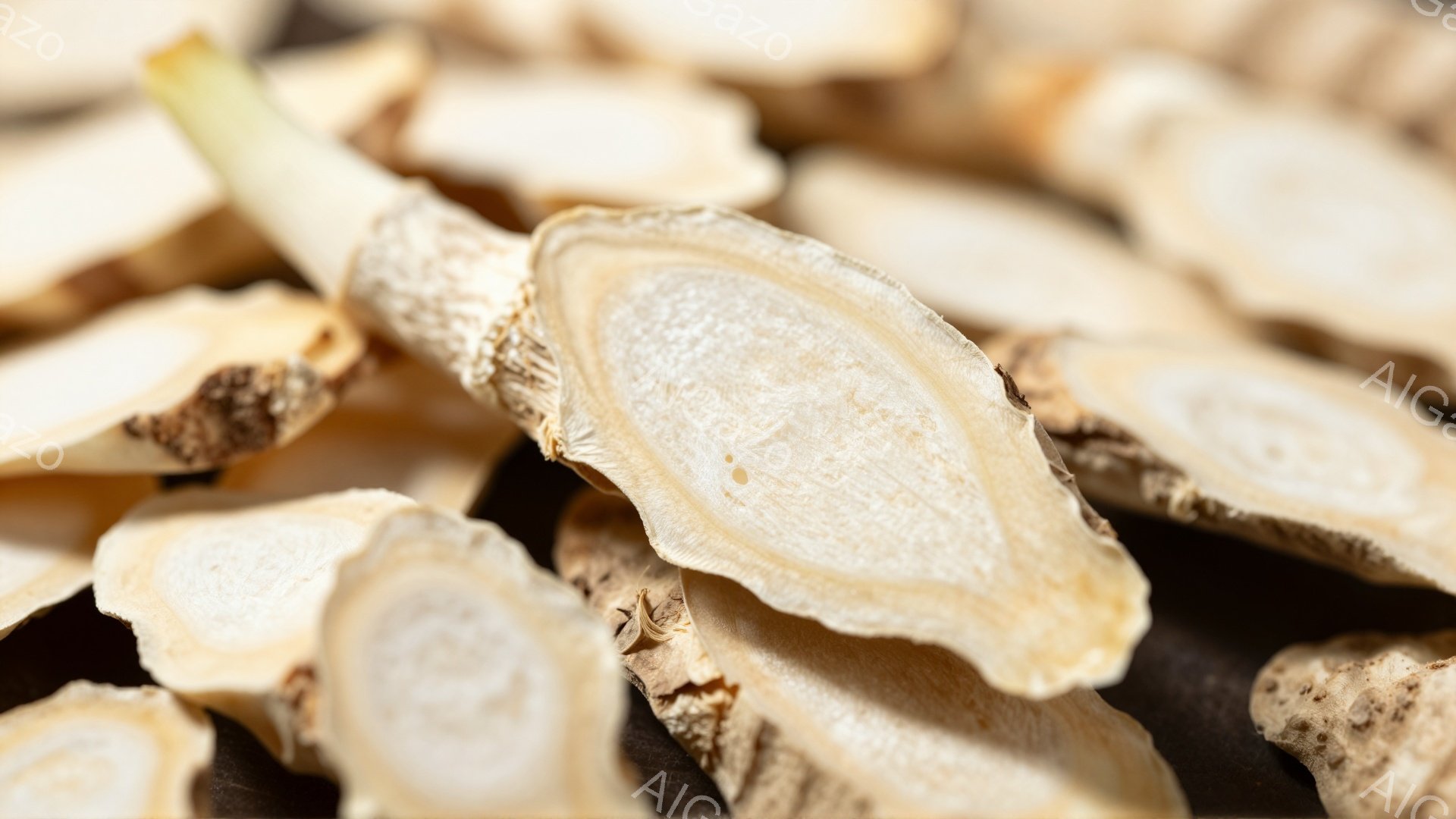 画像には、スライスされた漢方薬の生薬、おそらく大棗（なつめ）が大量に写っている。切り口からは淡いクリーム色が確認でき、一部には茶色い斑点や繊維が見られる。全体的に乾燥した質感で、薬草特有の自然な雰囲気を醸し出している。