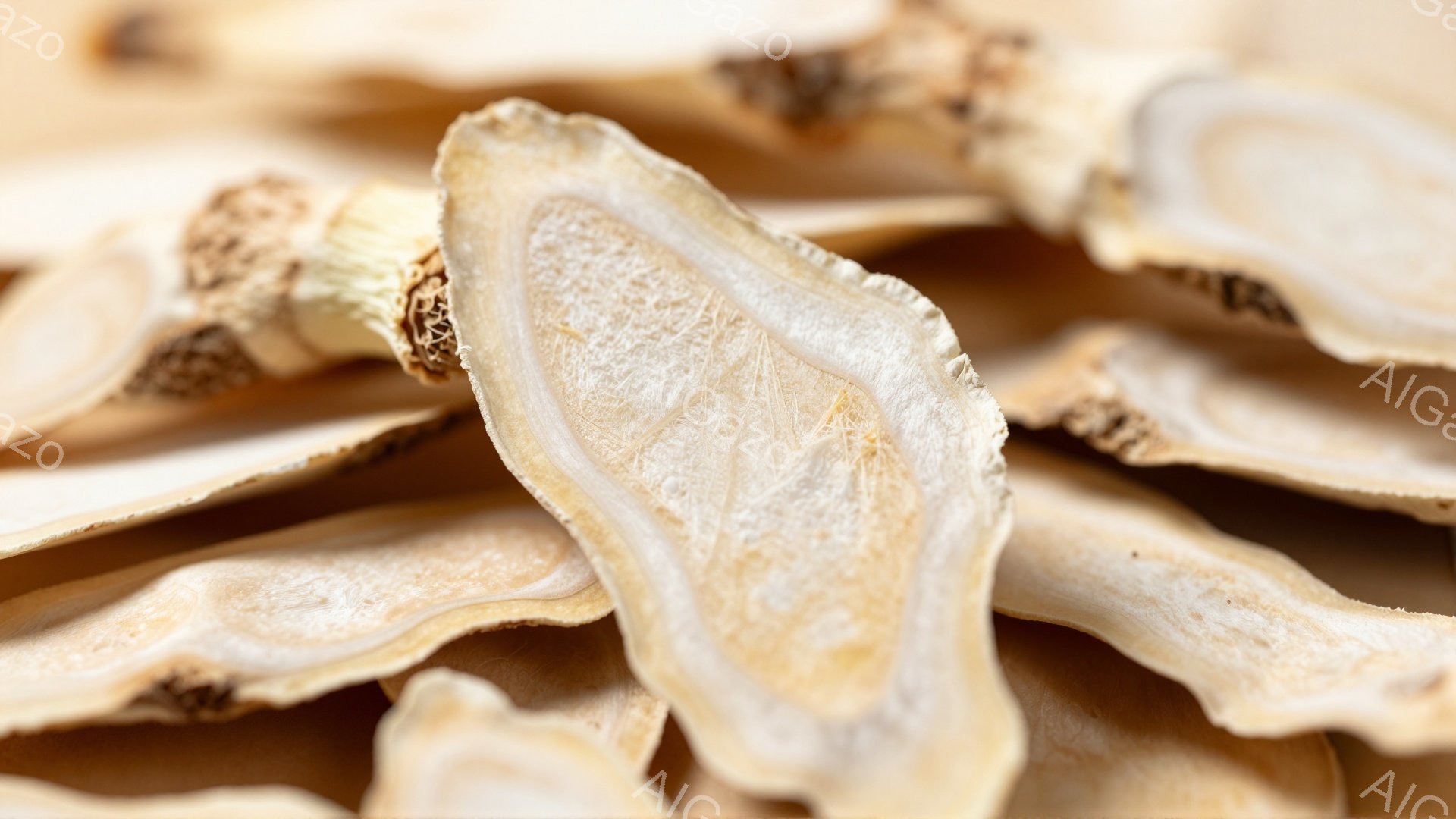 乾燥した漢方薬の生姜のような根の薄切りが、積み重なって写っている。 淡いベージュ色で、表面に細かい線や斑点が見られ、自然の素材であることがわかる。 全体的に、薬草や伝統医学を連想させる、落ち着いた雰囲気の写真である。