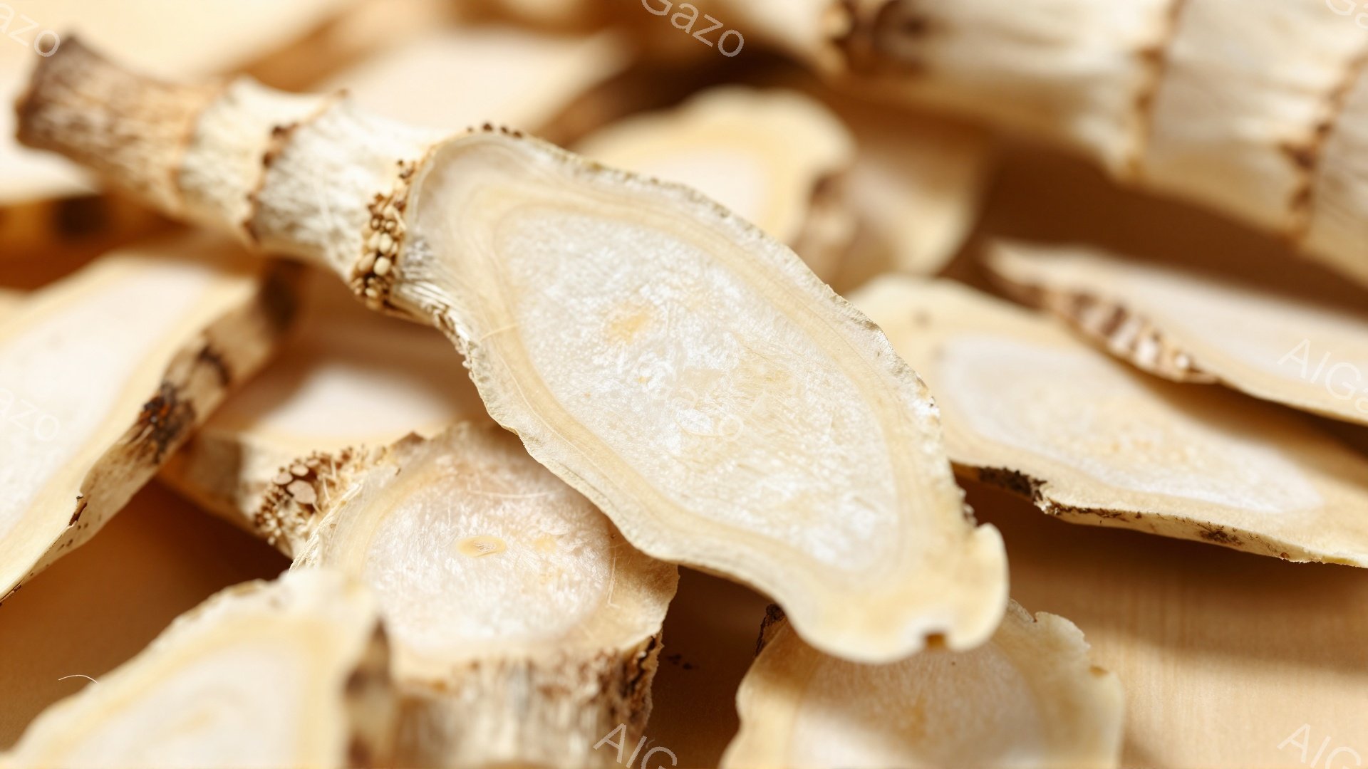 画像は、切り分けた漢方の生薬、おそらく大根または山薬のスライスが積み重なった様子を捉えています。スライスの断面は薄いクリーム色で、中心部に向かうにつれてわずかに濃い色合いをしています。全体的に乾燥した質感で、自然な風合いが強調されています。