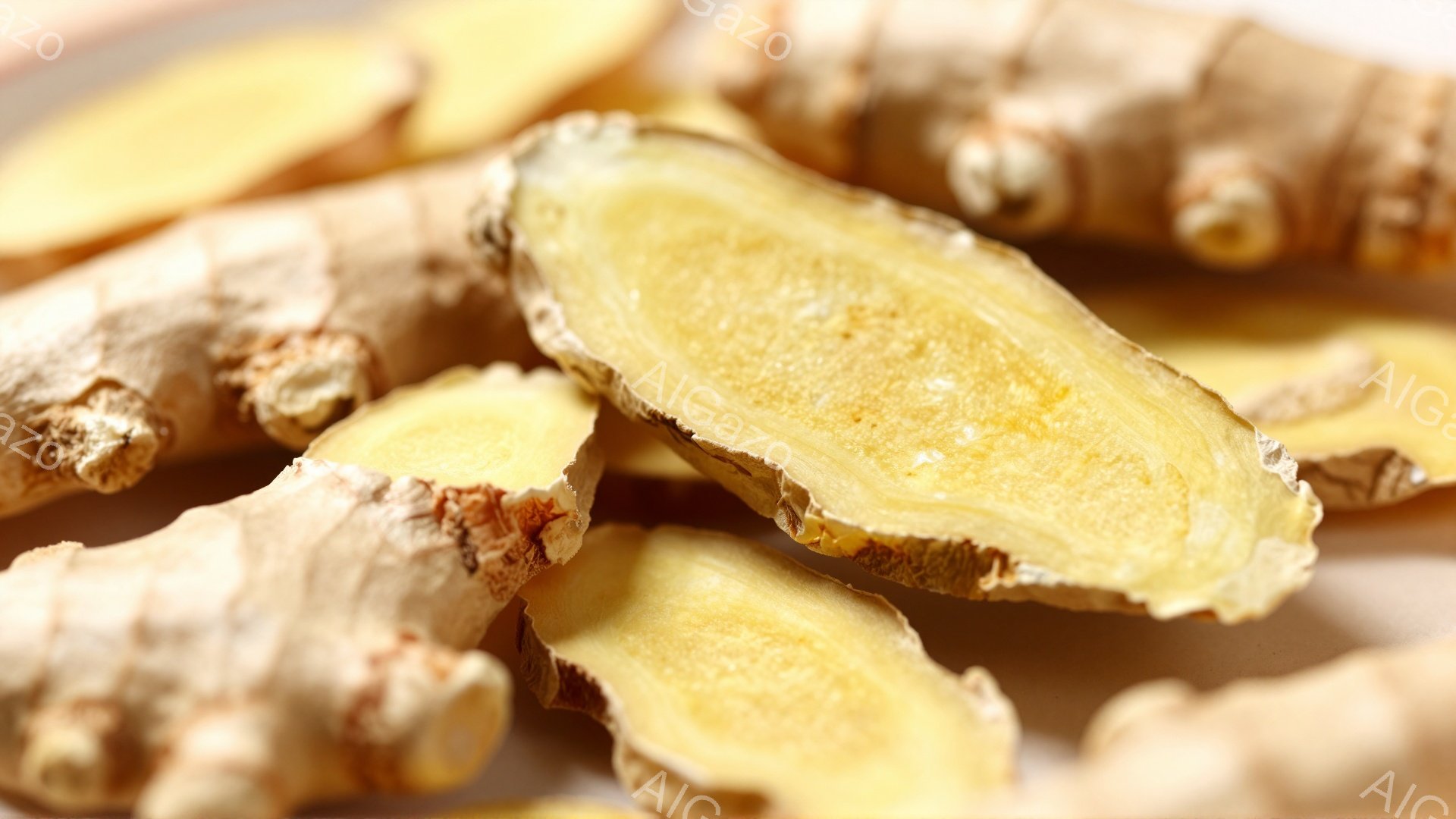 生姜のスライスがいくつか、白い背景の上に散らばっている様子が写っている。切り口からは淡い黄色が見え、生姜の繊維質な質感がはっきりとわかる。全体的に暖かく、自然な雰囲気で、料理に使われる前の新鮮な生姜を思わせる。