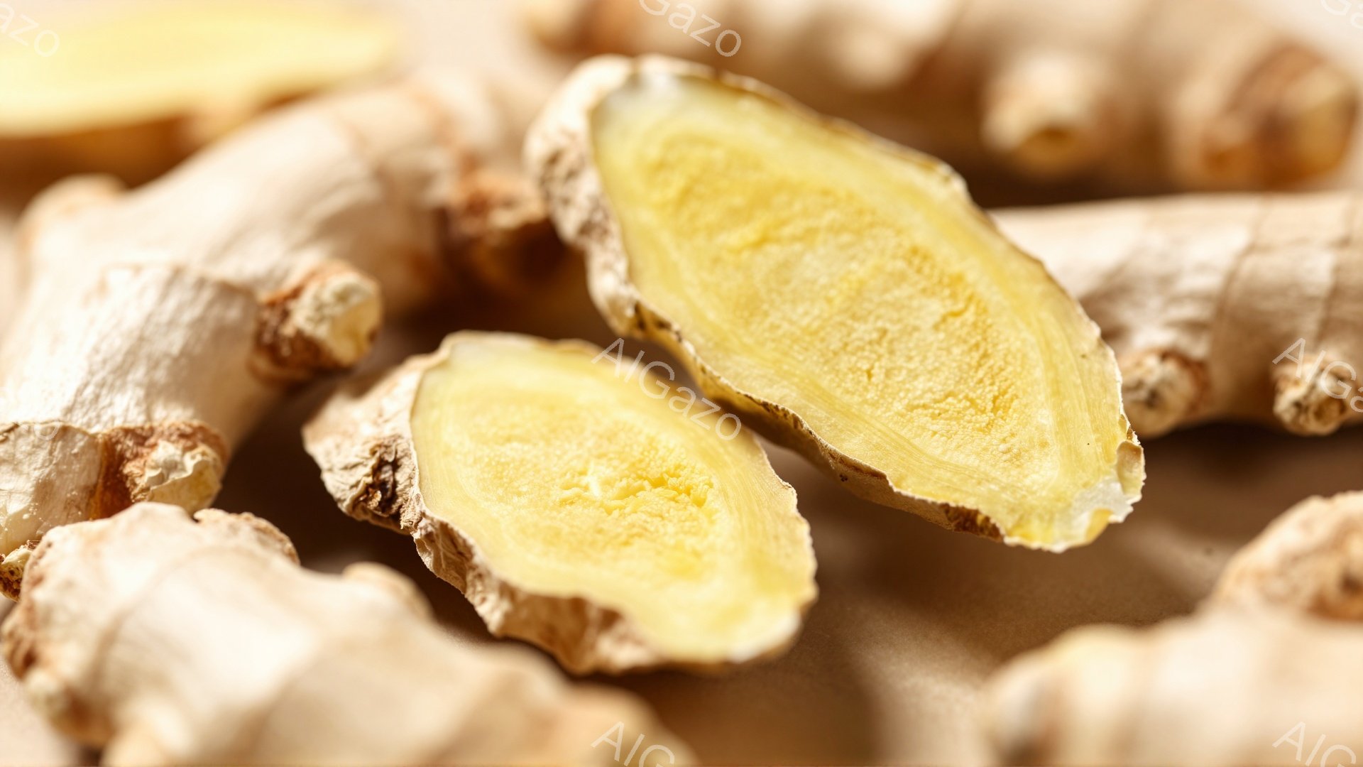 画像には、生姜のスライスと塊が不規則に配置されています。淡い茶色と黄色のグラデーションが特徴で、断面からは鮮やかな黄色の果肉が見えます。背景は均一なベージュ色で、生姜そのものを際立たせています。 - AI生成フリー素材