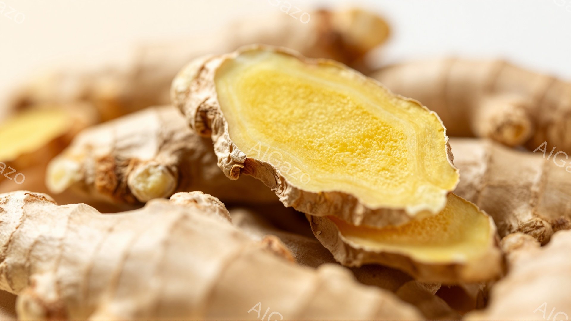 生姜の塊が写っており、一部が切断された断面を見せている。根のような形状で、茶色っぽい色合いと、切断面の鮮やかな黄色が特徴的である。背景は白く、生姜そのものが際立っている。 - AI生成フリー素材