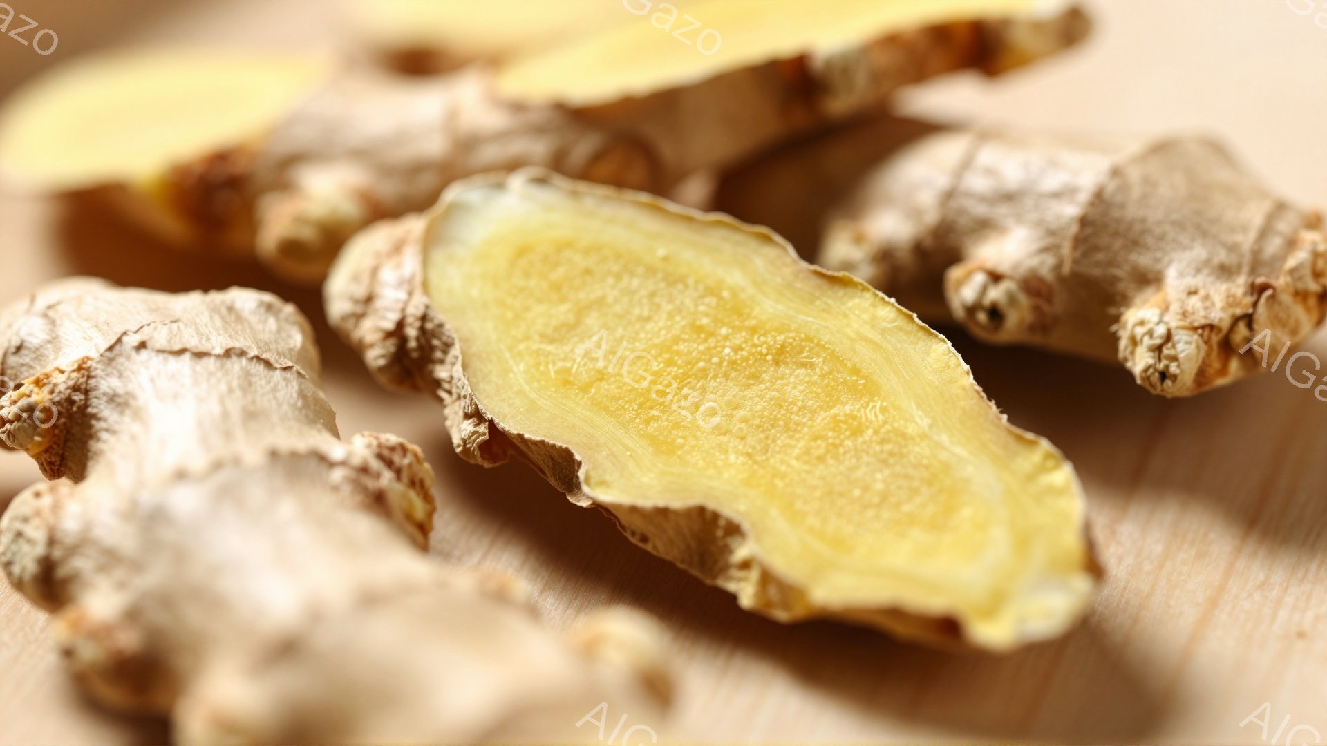 画像には、木製の板の上に置かれた生姜の塊と、半分に切断された生姜の切れ端が写っています。生姜は土のような色合いで、表面にわずかなシワがあり、新鮮で自然な印象を与えます。背景は木製の板の質感で、全体的に温かく、素朴な雰囲気です。