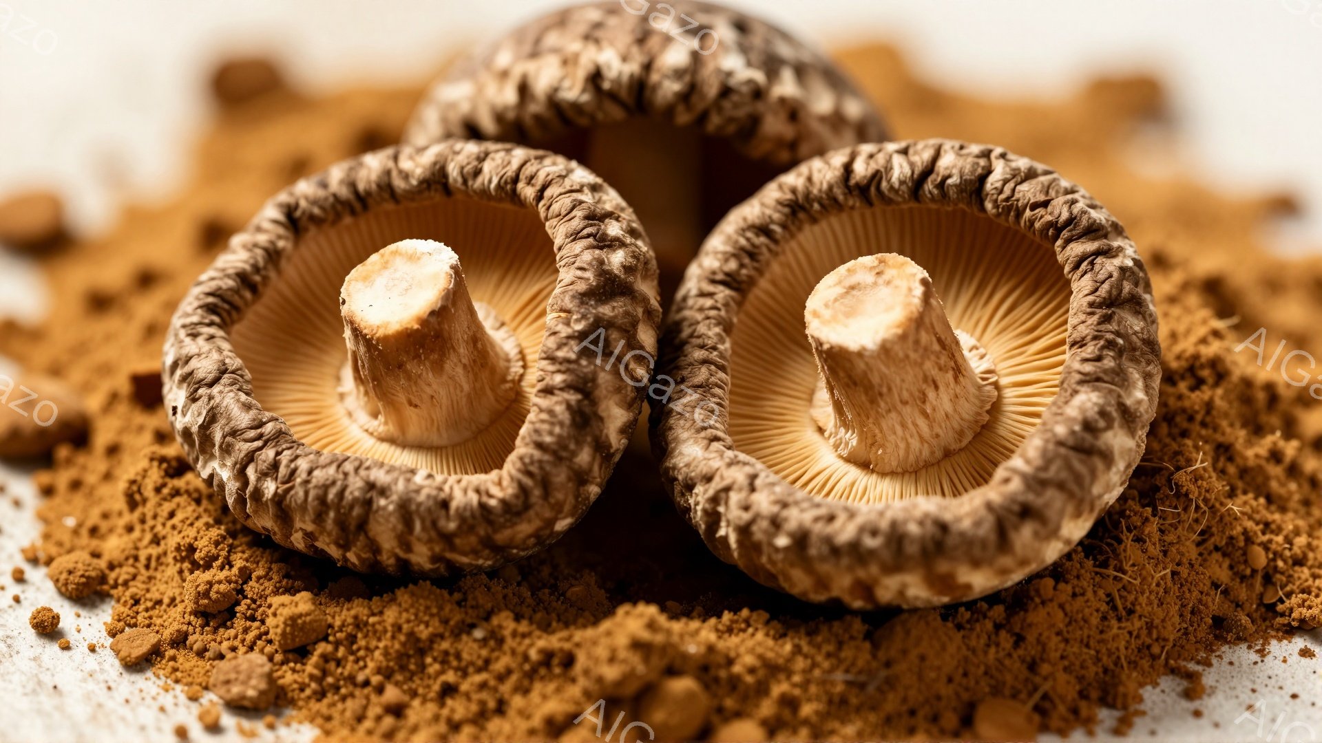 乾燥させたシイタケが、茶色い土のような粉の上に置かれているクローズアップ写真です。シイタケは傘の部分が茶色く、ひだの部分がわずかに見えています。背景は白く、土のような粉がシイタケの周りに散らばっており - AI生成フリー素材