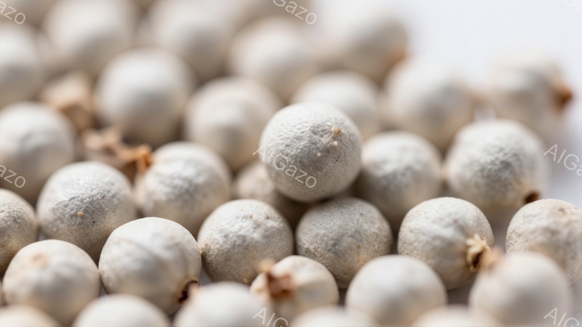 画像は白胡椒の実が密集して写っています。丸みを帯びた小さな粒は、わずかに質感があり、淡いベージュ色をしています。背景は白く、全体的にシンプルで清潔な印象を与えます。