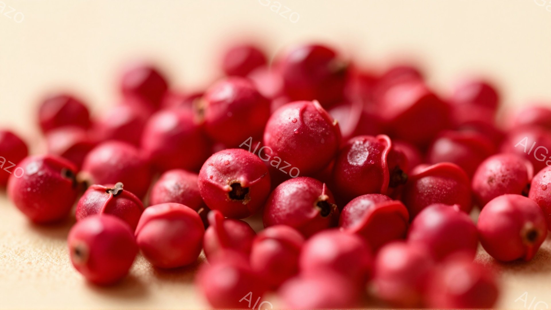 赤い実が不規則に散りばめられたクローズアップ写真です。実たちは鮮やかな赤色をしており、表面には細かい粒のような模様が見られます。背景は淡いベージュ色で、実の色を引き立てています。