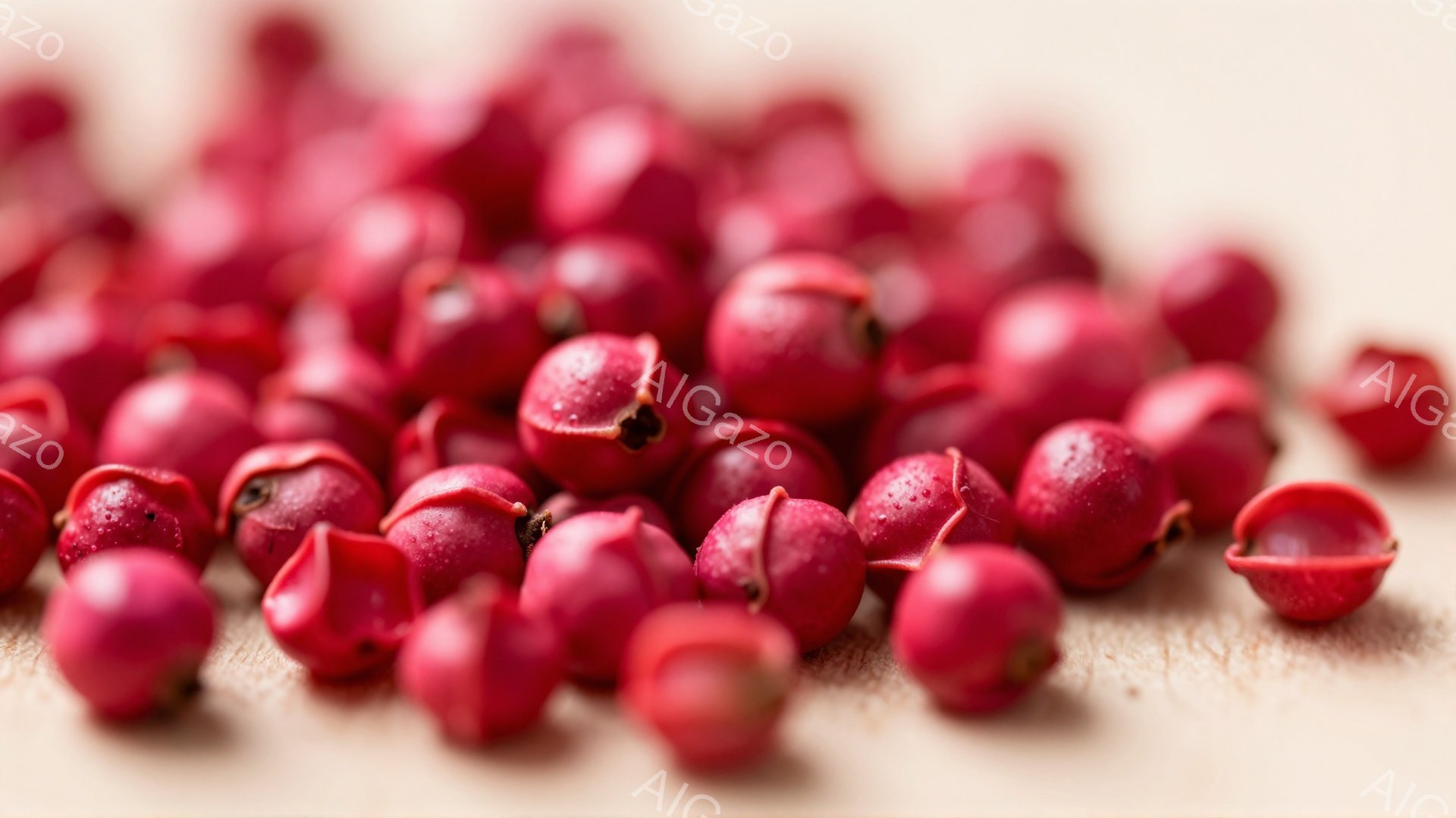 画像は、明るい木製の表面に散らばった、鮮やかなピンク色のペッパーベリー（またはそれに似た小さな果実）のクローズアップ写真です。果実は丸みを帯びており、表面に小さな凹みが見られ、独特の質感を持っています - AI生成フリー素材