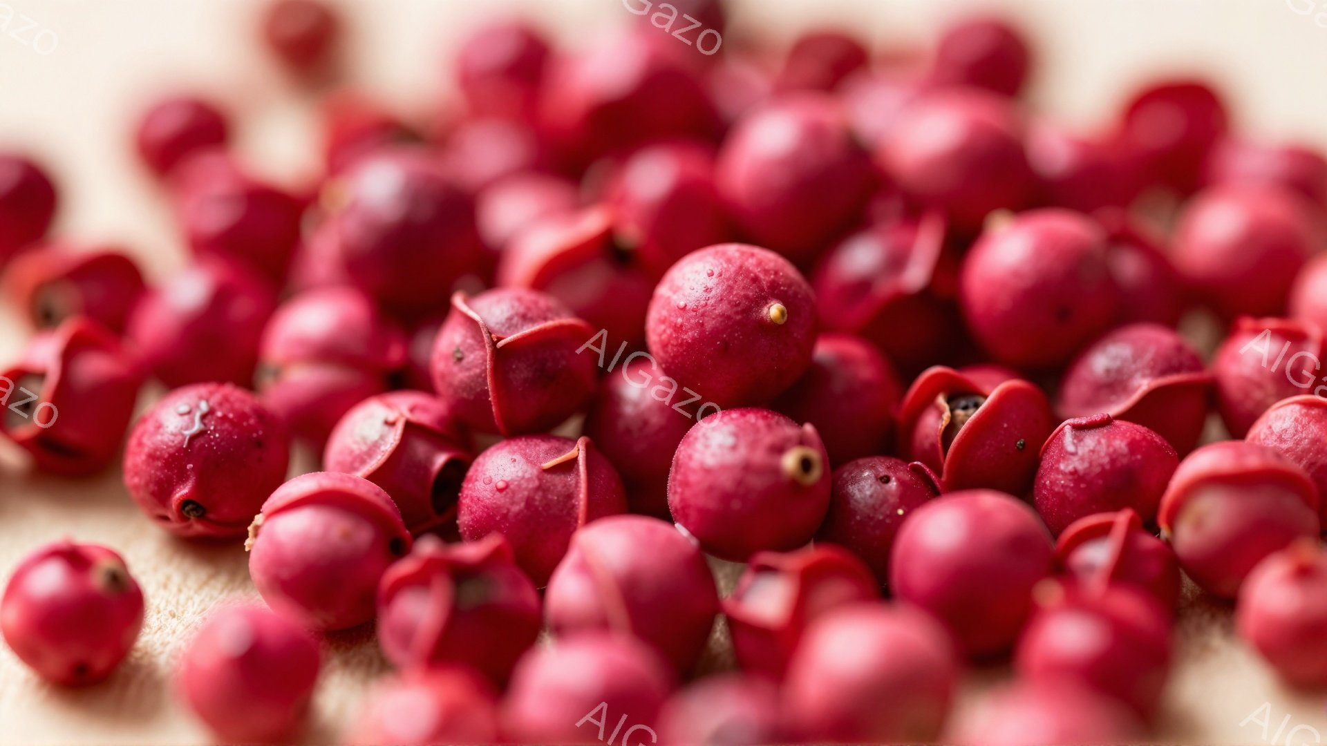 赤いピペール（実）が密集して写っており、少し粗い木製の背景の上に散らばっているように見えます。鮮やかな赤色が特徴的で、それぞれの実は小さな突起とわずかな光沢を持っています。全体的に暖色系の色調で、食欲をそそる雰囲気です。