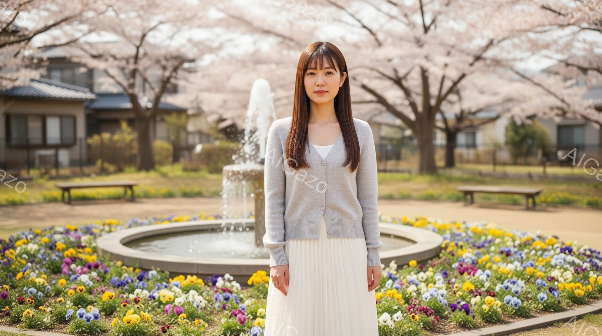 長い茶色の髪をセンターパートにした若い女性が、クリーム色のカーディガンと白いプリーツスカートを着て立っています。彼女は穏やかな表情で、カメラの方をまっすぐ見つめています。背景には、色とりどりの花が咲き - AI生成フリー素材