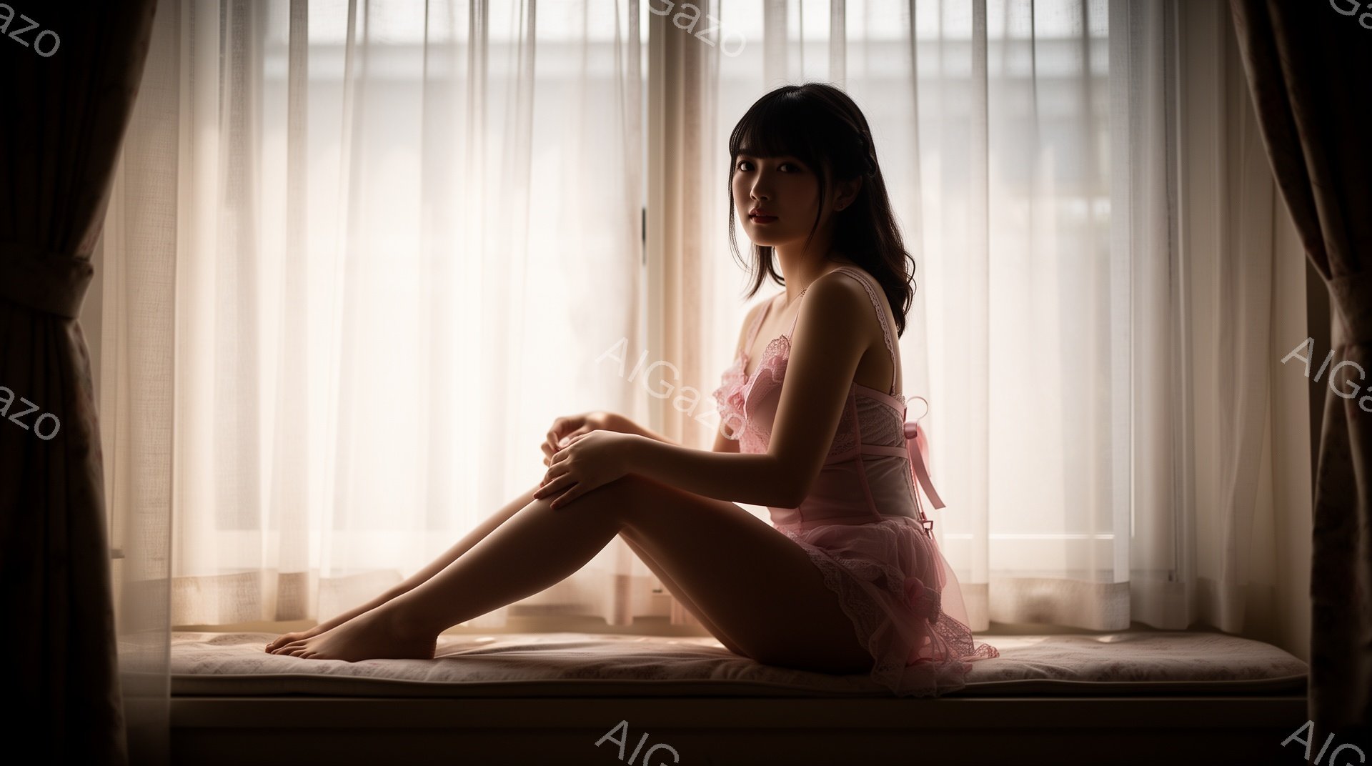 薄桃色のレースのキャミソールとフリルスカートを身に着けた女性が、窓辺に座って膝を抱えています。黒髪のロングヘアは肩にかかり、穏やかな表情でどこかを見つめています。背景はぼやけた窓と、光が差し込む白いカーテンで、全体的に柔らかく、夢幻的な雰囲気を醸し出しています。